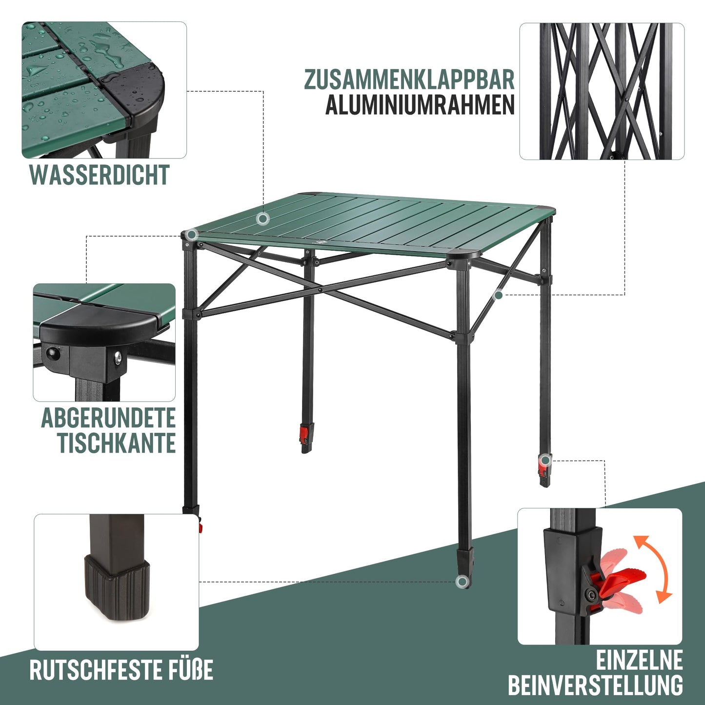 VILLEY Aluminium Klapptisch mit Tragetasche, klappbarer Campingtisch aus Alu, Faltbarer Balkontisch, Gartentisch für Picknick, Camping und Strand im Freien, 70 * 70 * 78cm