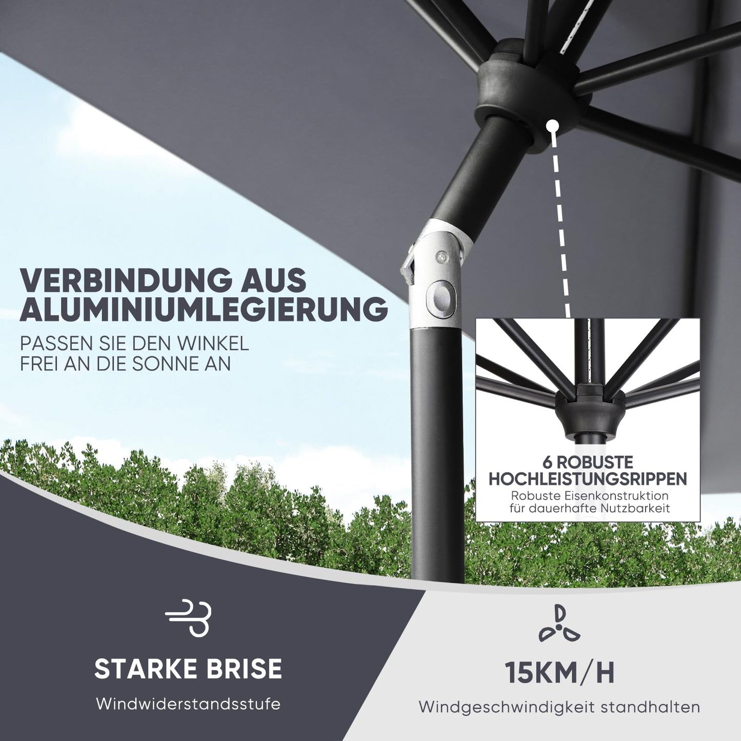 Sekey Aluminum Sonnenschirm 210 × 140 cm Sonnenschirm Balkon Sonnenschirm Rechteckig für Balkon Garten & Terrasse Sonnenschutz UV 50+