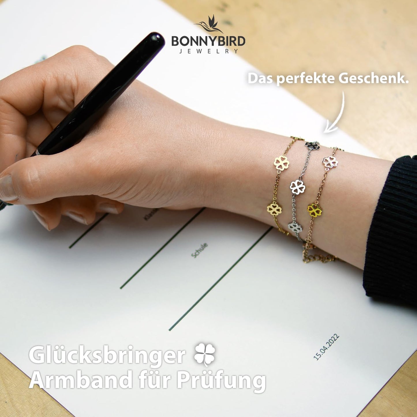BONNYBIRD® Armband Kleeblatt Glücksbringer Prüfung - Viel Glück Prüfung Geschenk, Glücksbringer Kleeblatt Armband Damen Rosegold, Glücksarmband Damen
