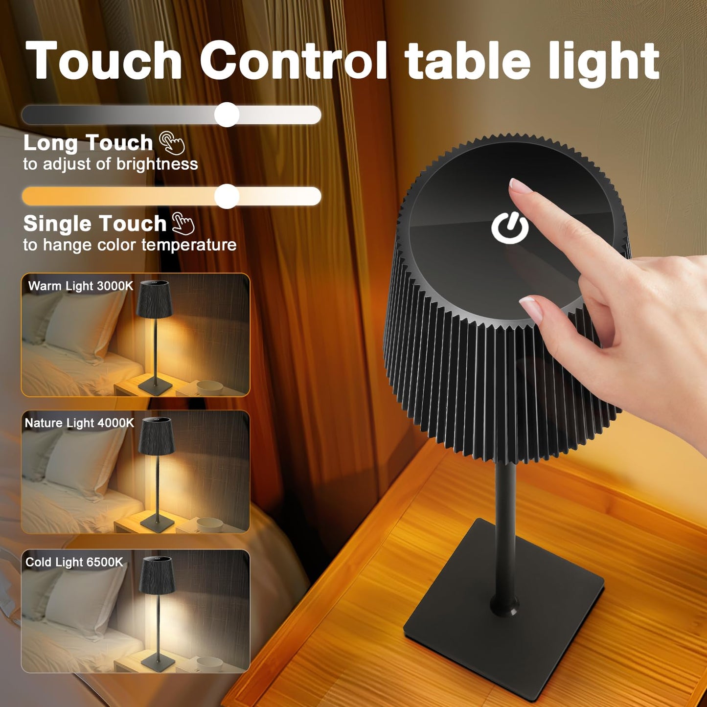 Riokko LED Tischleuchte Kabellos Touch Dimmbar 3 Farbtemperatur 5200mAh Nachttischlampe IP54, USB-C Akku Tischlampe Aufladbar(3000k-6500k), für Outdoor Nachttisch Esstisch Schreibtisch