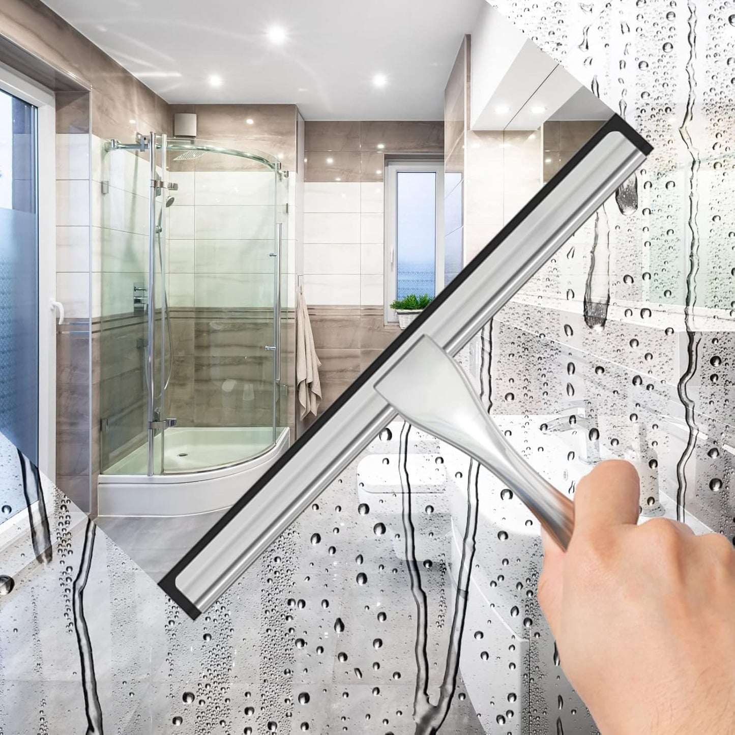 Duschabzieher Edelstahl 25 cm - mit 2 Ersatzgummiabzieher,Abzieher Dusche mit Halterung, Fensterabzieher für Badezimmer, Spiegel und Fliesen, Streifenfreie Reinigung für Glasflächen