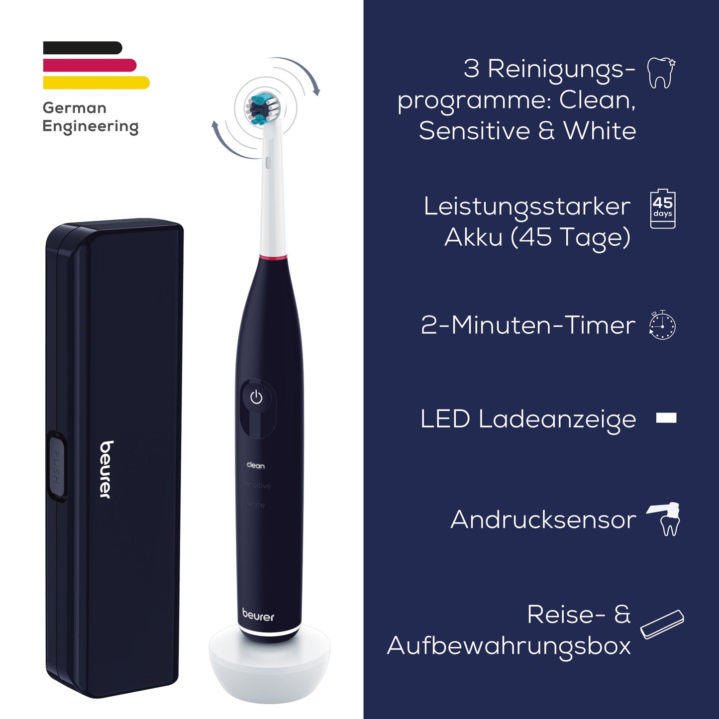 Beurer TB 50 Elektrische Zahnbürste, 3 Reinigungsprogramme für Zahnpflege, oszillierend-pulsierende Putztechnologie zur Plaque Entfernung, integrierter Andrucksensor, Akku mit 45 Tage Laufzeit