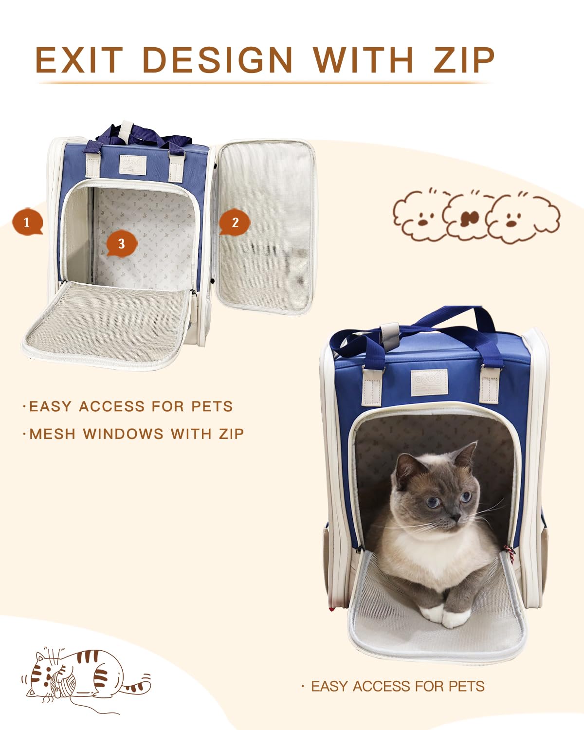 RYTMAT Katzenrucksack Hunderucksack Faltbare Haustier Rucksack für Katzen Hunde bis 7kg mit Innerer Sicherheitsleine und Netzfenster für Spaziergänge Urlaub Fahrrad Tierkliniken
