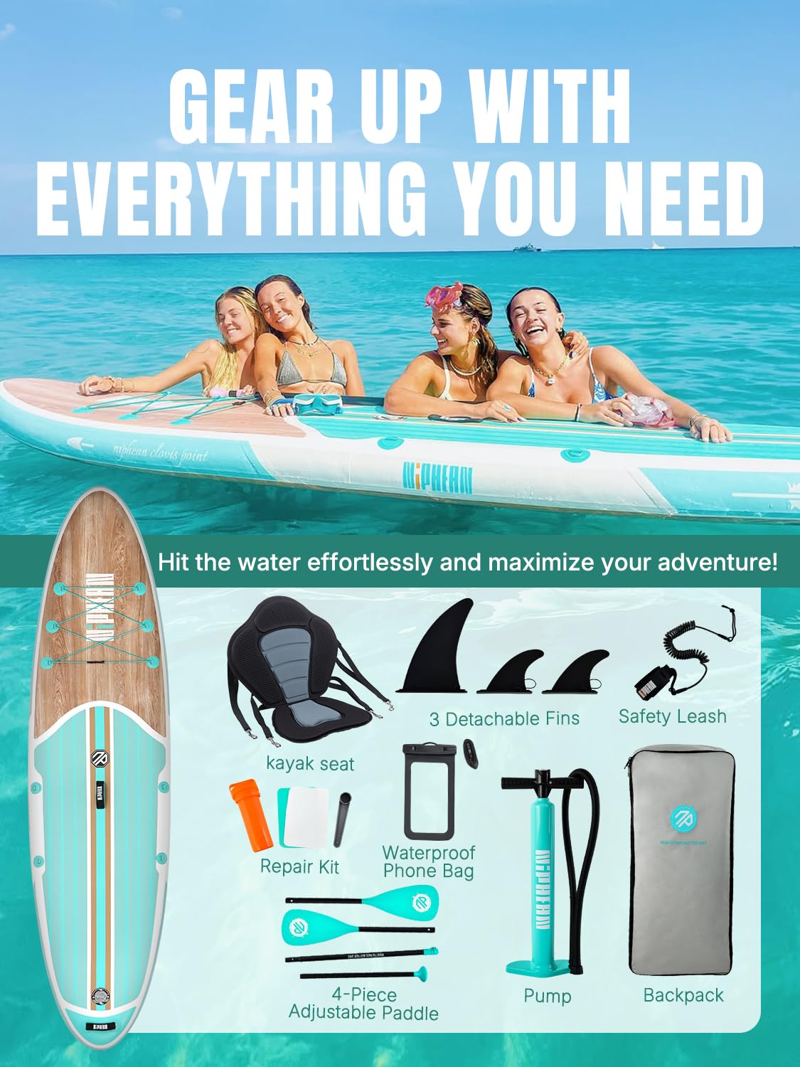Niphean Stand up Paddle Board for Adults mit Allem Zubehör, 320cm Haltbar Paddleboard für Aller Fähigkeitsniveaus, SUP mit 200kg Tragkraft für 2 Personen, Stand up Paddling Board mit Sitz