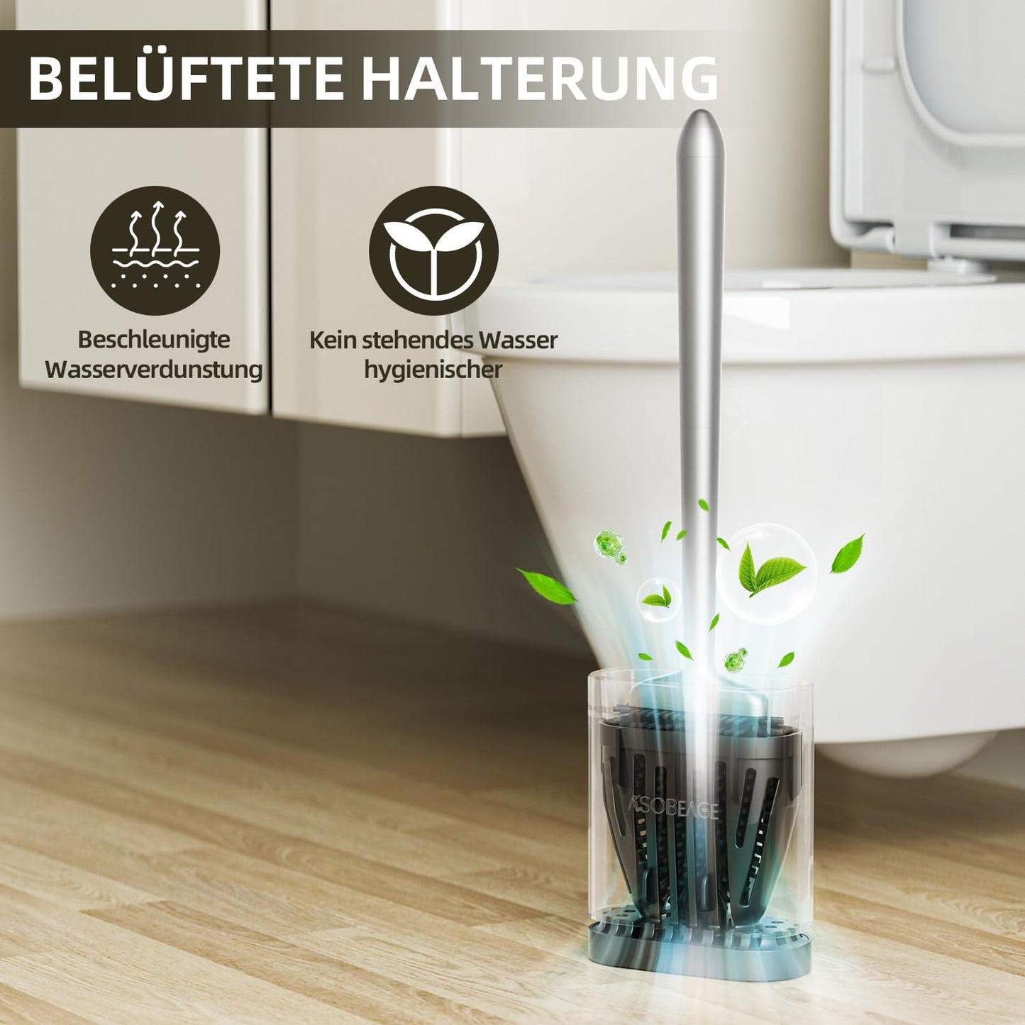 ASOBEAGE Silikon Toilettenbürste: Flexibler Kopf, Langer Griff, Wandmontage, schnell trocknende Halterung für die Reinigung des Badezimmers (Silber)