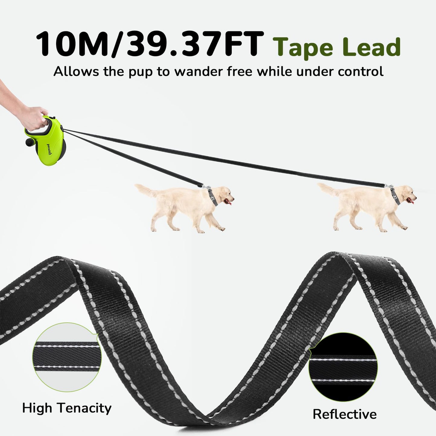 Pecute Hundeleine 10m, Rollleine für Hunde, 360° Verhedderungsfreier Leinenverlängerung, Anti-Rutsch-Griff & Schnellbremsknopf, Geeignet für Hunde bis zu 50kg Gewicht