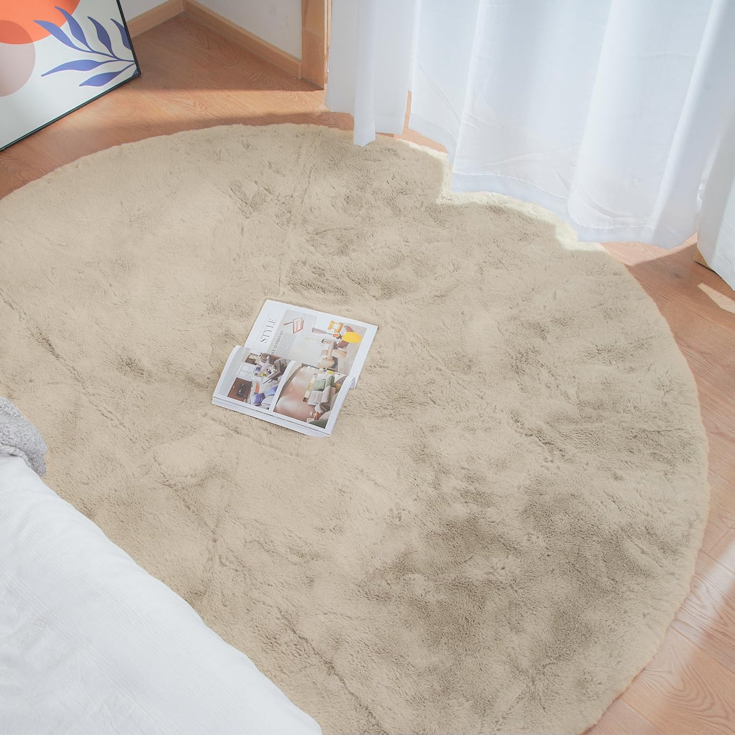 ORINOVA Teppich Beige Rund Waschbar Flauschig 90 cm Kunstfell Teppich Wohnzimmer Schlafzimmer Kinderzimmer Kurzflor Fellteppich Deko Kuschelig