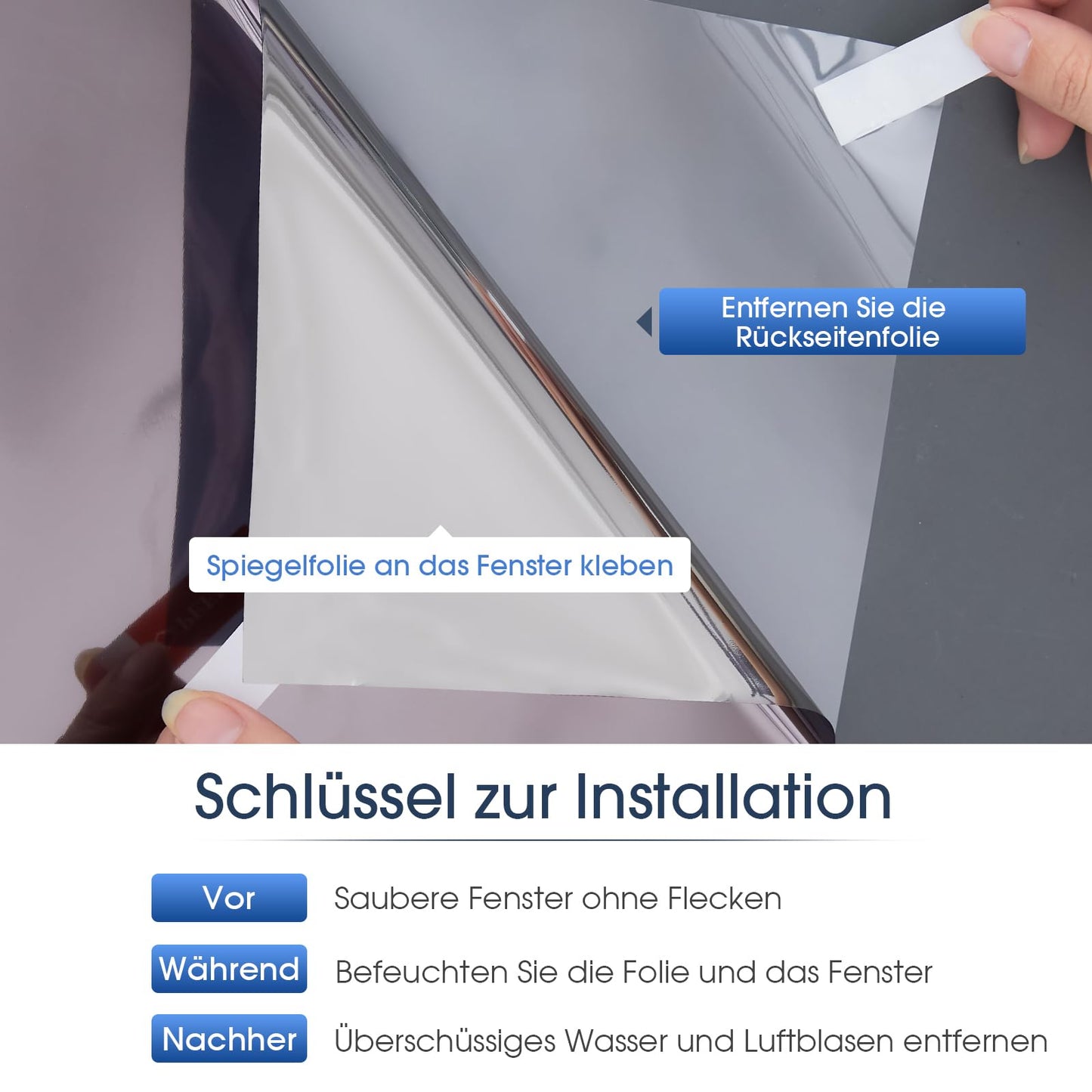 Lifetree Fensterfolie Spiegelfolie Wärmereflektion Selbstklebend Sonnenschutzfolie Wärmegrad Innen & Auße Kontrolle Anti-UV Privatsphäre Glas Fenstertönung Glatt Fensteraufkleber 75 * 300cm Silber