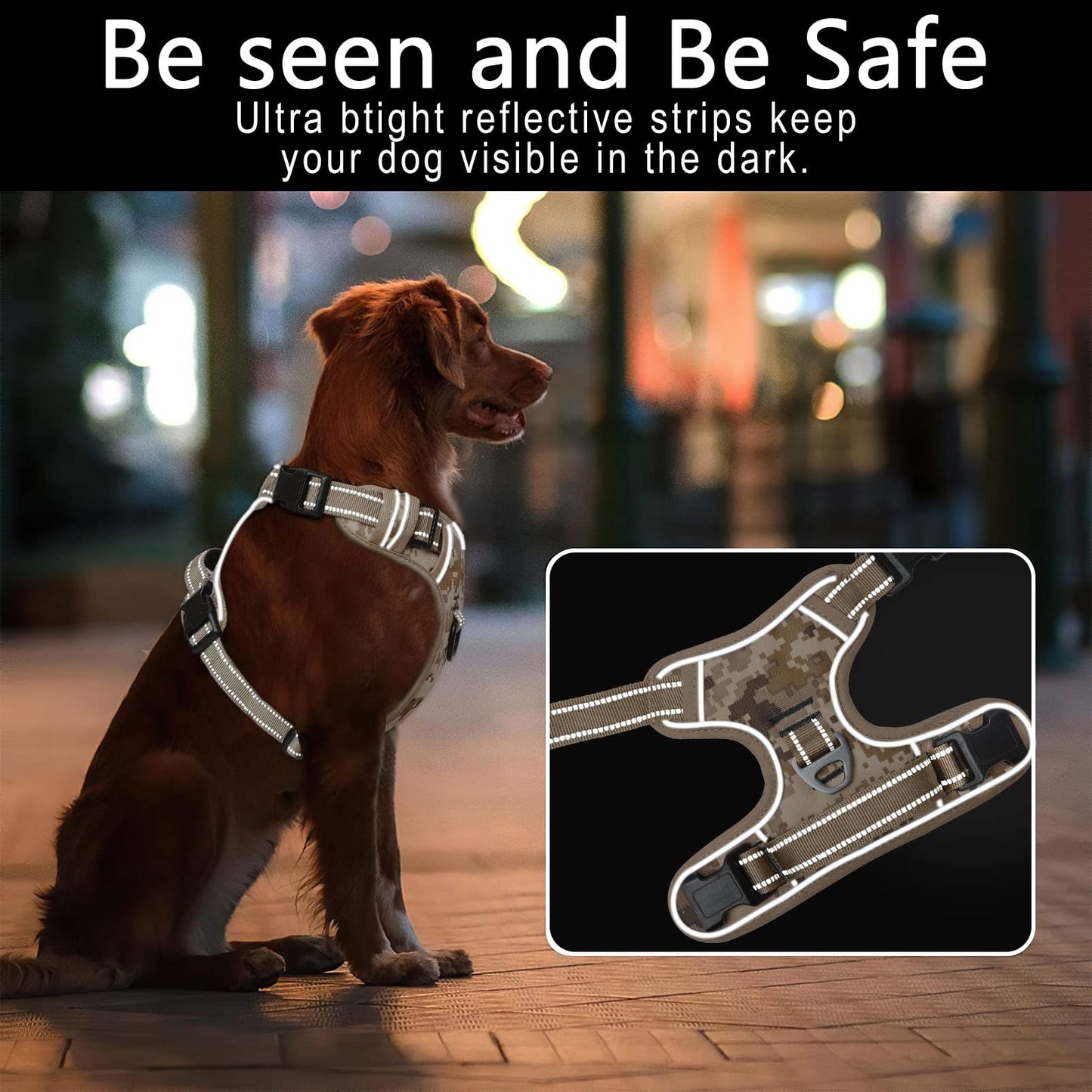 HEELE Hundegeschirr, Hundegeschirr für Grosse Hunde, Freigabe am Hals, Vorderseite Rückseite Clips Hundegeschirr Einstellbar Reflektierend Anti Zug Hundegeschirr mit Gepolstert Grifff, Tarn-Wüste, L