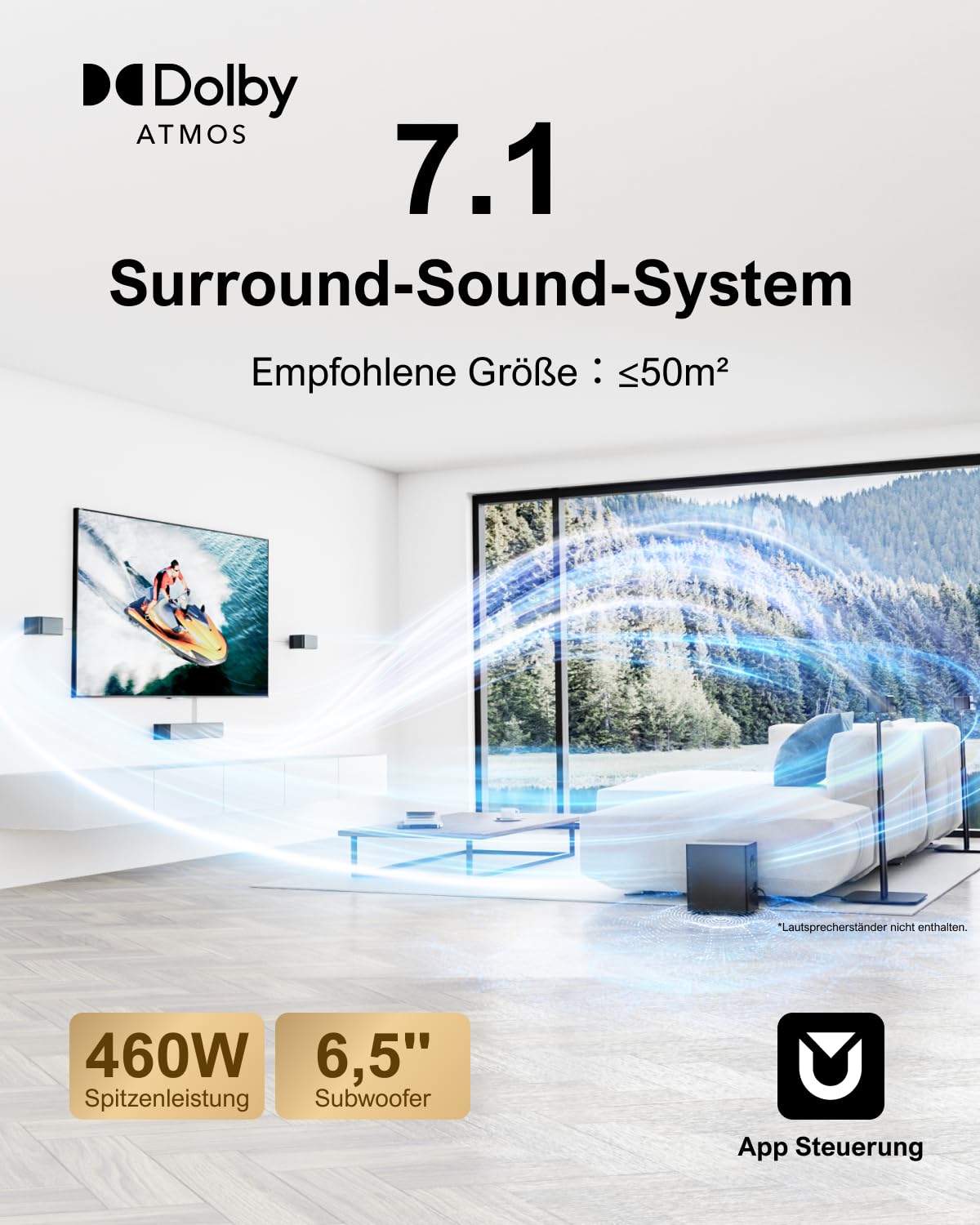 ULTIMEA 7.1 Surround Sound System für TV mit Dolby Atmos, App Steuerung, 4 kabelgebundene Surround-Lautsprecher, 460W Soundbar für Smart TV mit Wireless Subwoofer, Heimkino Sound System, Poseidon D80