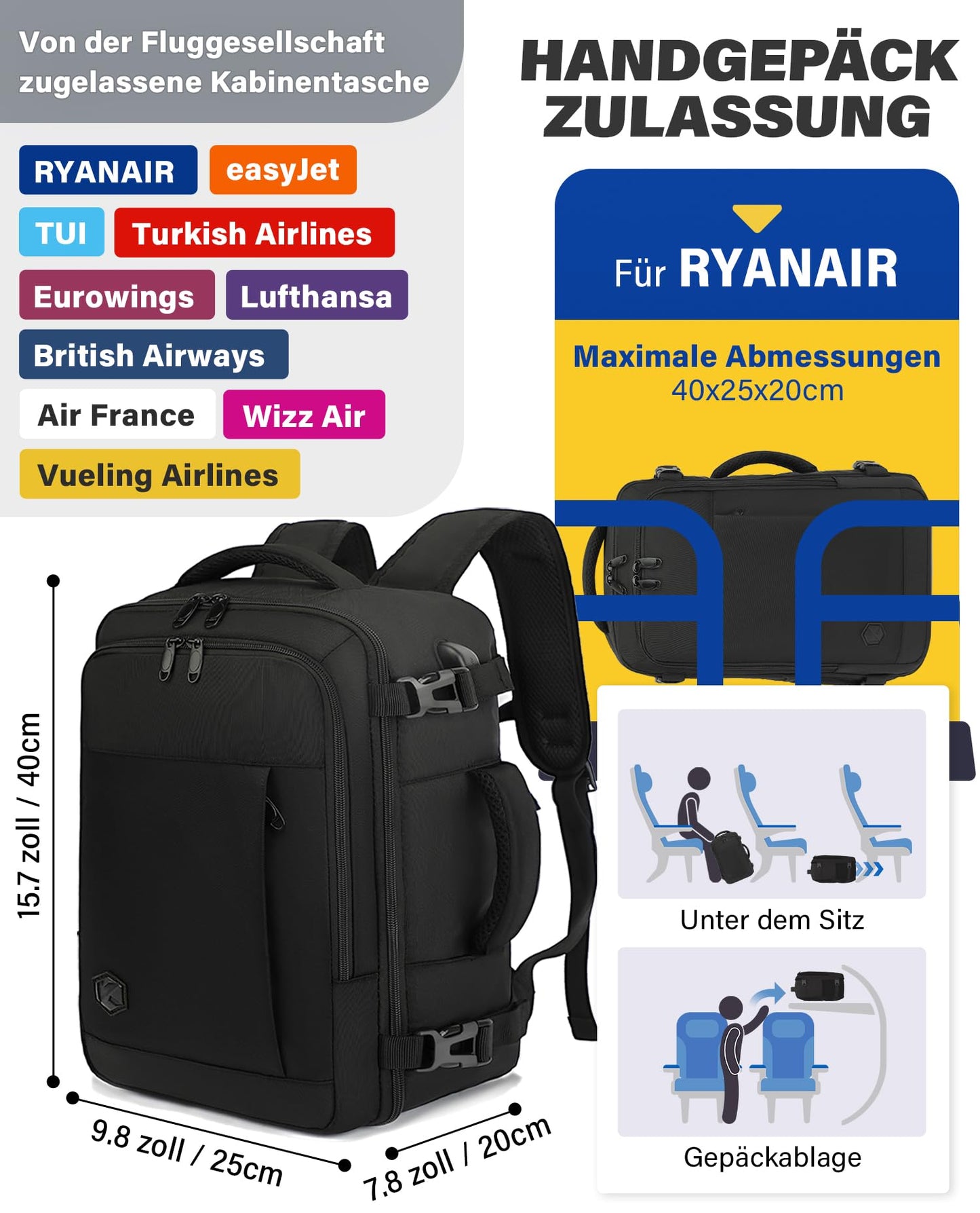 VANKEV für Ryanair Handgepäck 40x20x25 Laptop Rucksack Reiserucksack Klein Handgepäck Tasche Rucksack 14 Zoll Laptop Backpack für Herren Damen Schwarz