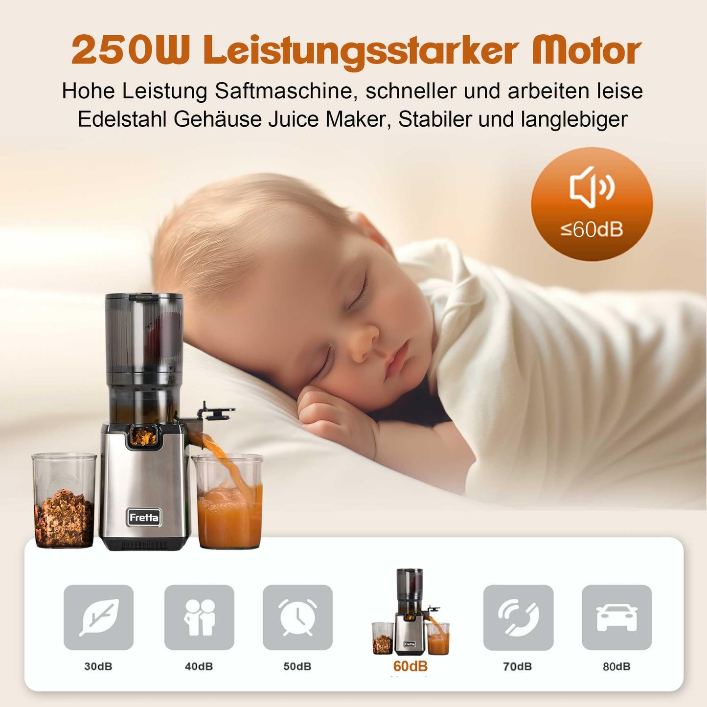 Fretta Slow Juicer Entsafter Gemüse und Obst Testsieger, 250W Edelstahl Saftpresse Elektrisch Obstpresse Kaltpresse Saftmaschine mit 135mm Großem Öffnung, Leicht zu Reinigen, Umkehrfunktion, BPA Frei
