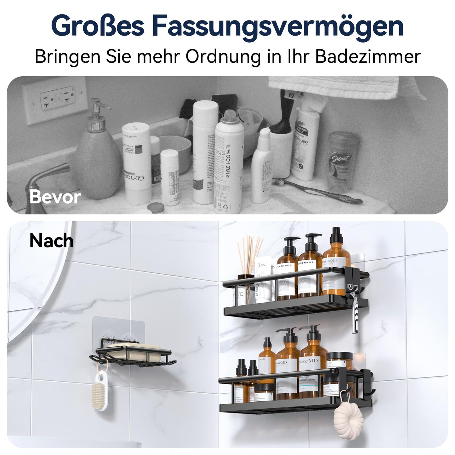 YASONIC Duschablage ohne Bohren Badezimmer Organizer, Badregal Duschregal ohne Bohren, Duschhalterung ohne Bohren Shampoo Halterung für Dusche, rostfrei Badezimmer Regal Duschablage schwarz, 3 Stück