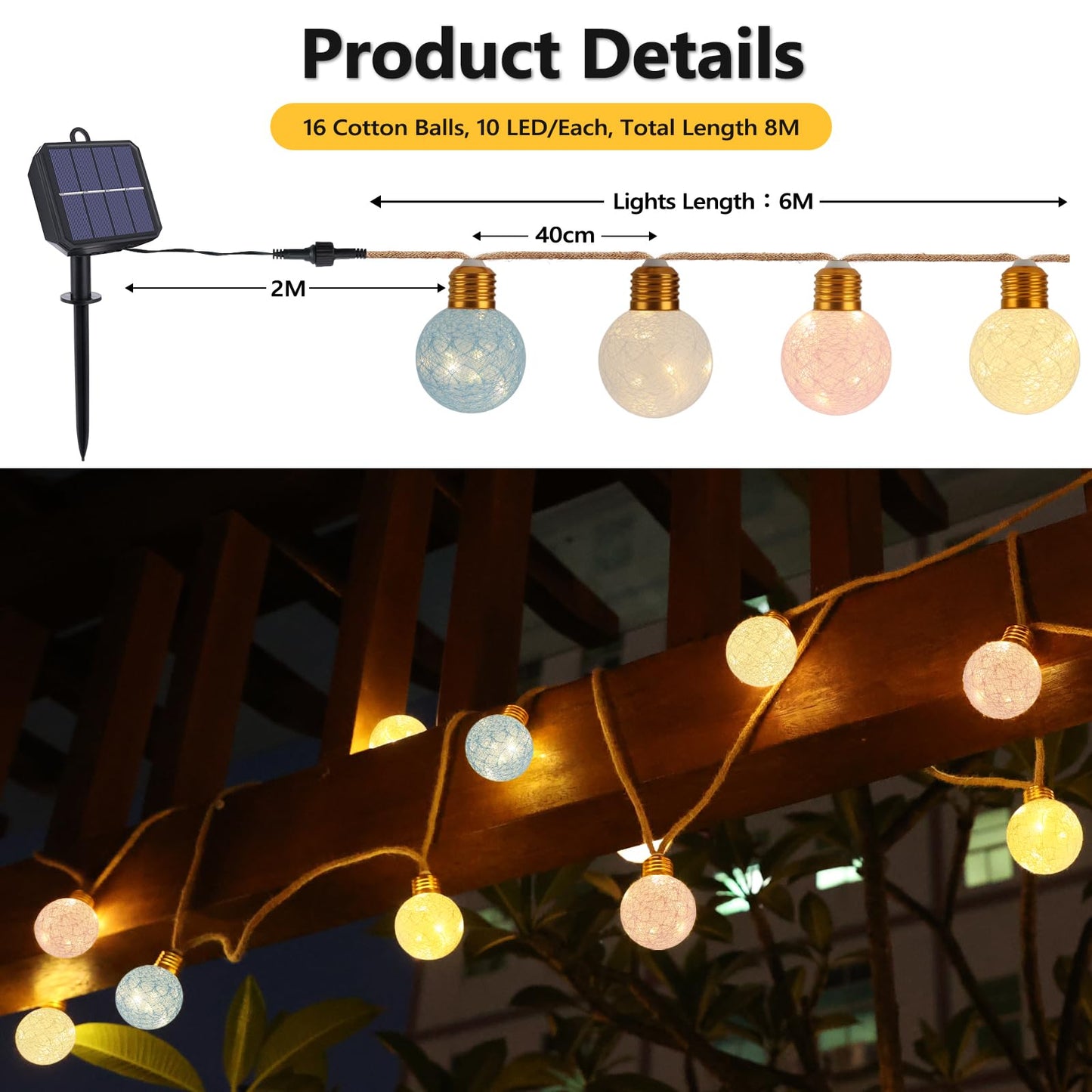 Qedertek Solar Lichterkette Aussen Wetterfest, 6M Solar Lichterkette Außen Warmweiß mit 16 Cotton Ball, LED Seil Solarlichterkette für Garten, Balkon, Hochzeit, Party, Kinderzimmer, Innen Osterdeko
