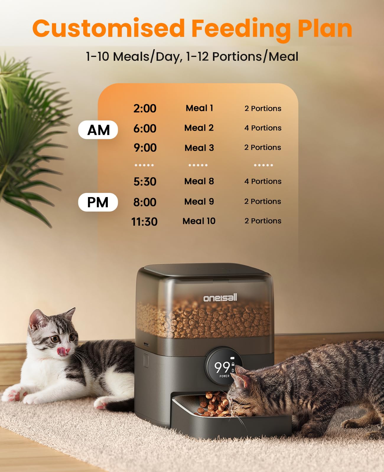 oneisall 3L Futterautomat Katze Kabellos, Katzenfutter Automat, 2.4G WiFi, APP-Steuerung, 100 Tage Lithium-Batterielaufzeit, 1-10 Mahlzeiten/Tag, Futterspender für Katze, mit 304 Edelstahlnapf