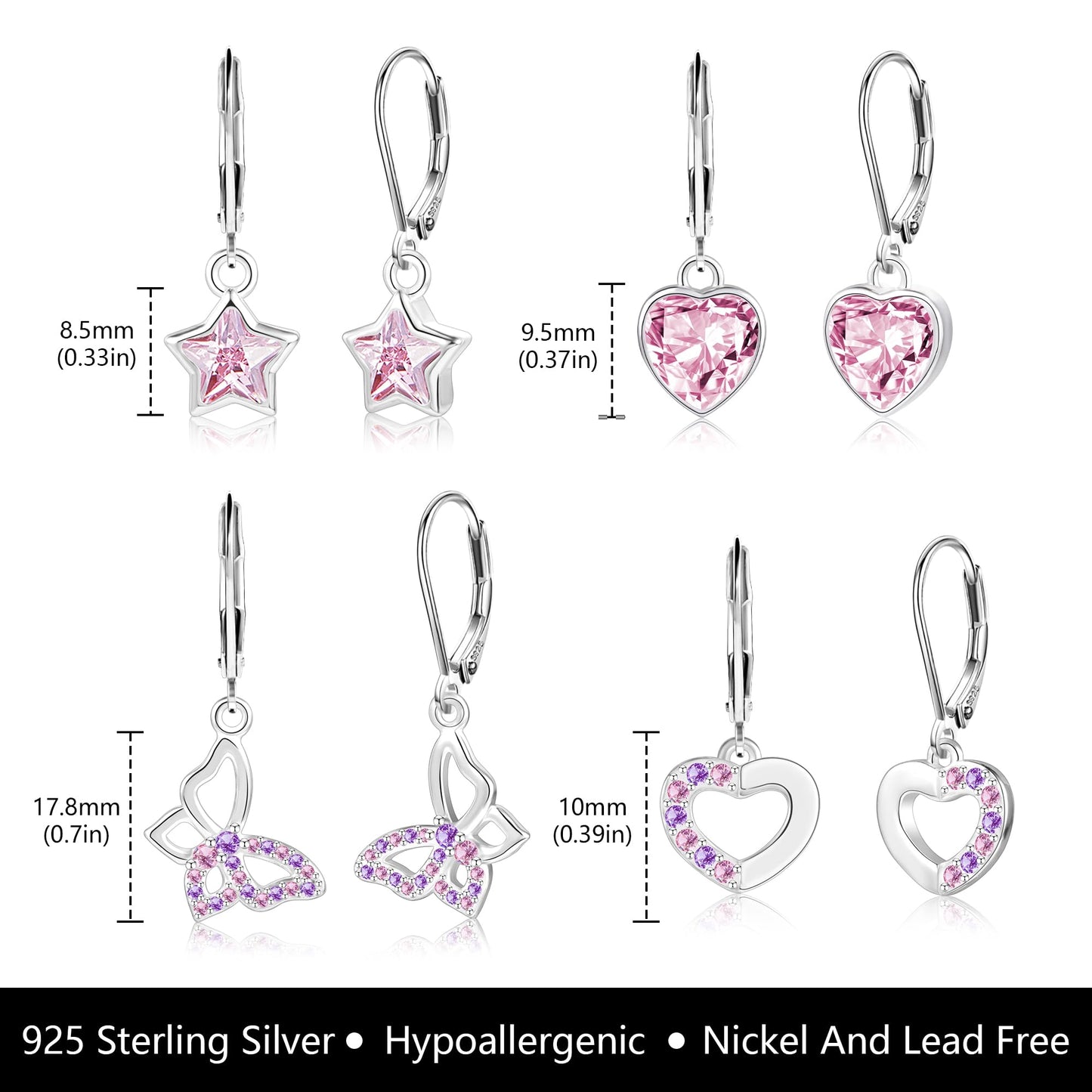 ALEXCRAFT Silber 925 Ohrringe Hängend Französische Ohrhänger Tropfenohrringe Glänz Silber 925 Creolen mit Zirkon Rosa Stein Kleine Creolen mit Herz Schmetterling Stern Anhänger Ohrringe Set Damen