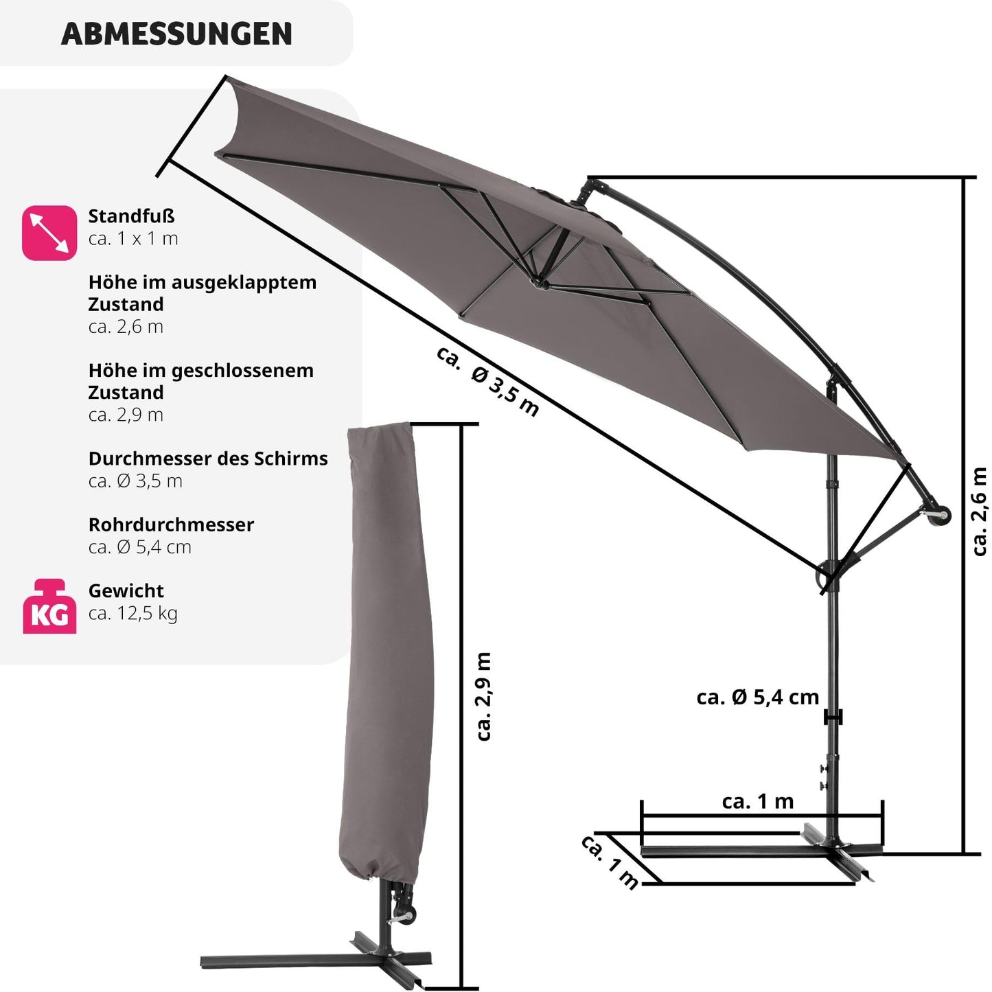 tectake Sonnenschirm mit Ständer, Ø 350 cm, Sonnenschutz für Balkon, Garten und Terrasse inkl. Schutzhülle, Ampelschirm groß mit Kurbel-Seilsystem, Schirm mit stabilem Gestell - grau