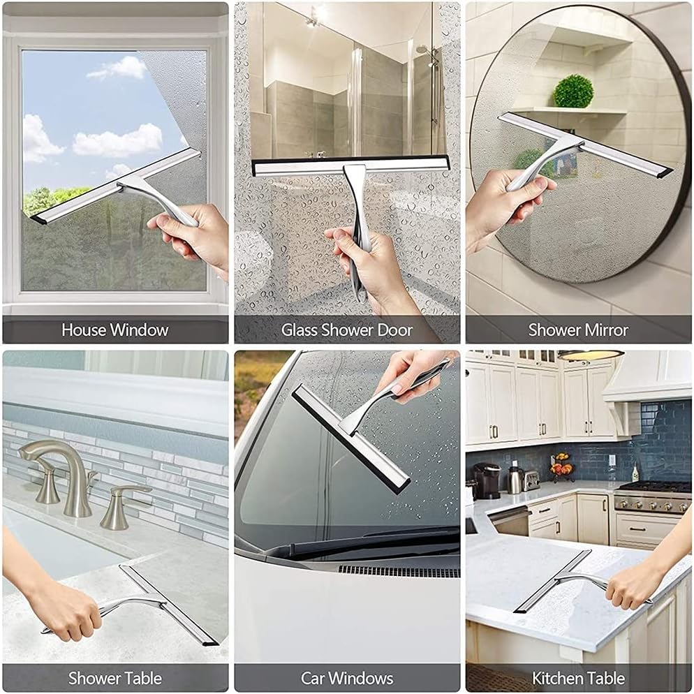 Duschabzieher Edelstahl 25 cm - mit 2 Ersatzgummiabzieher,Abzieher Dusche mit Halterung, Fensterabzieher für Badezimmer, Spiegel und Fliesen, Streifenfreie Reinigung für Glasflächen