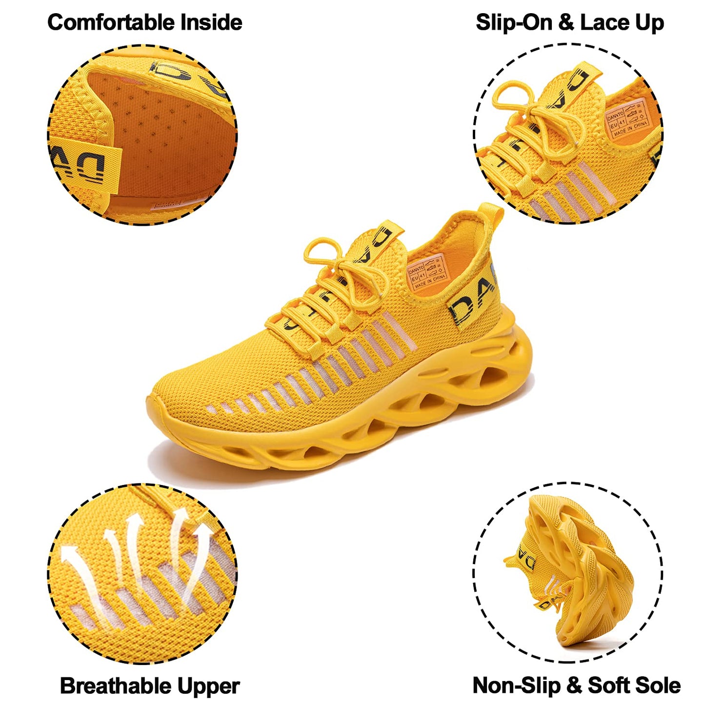 DANNTO Laufschuhe Herren Turnschuhe Damen Sneaker Leichte Atmungsaktiv rutschfeste Sportschuhe Gym Fitness Outdoor Schuhe Fashion Straßenlaufschuhe Gelb 39