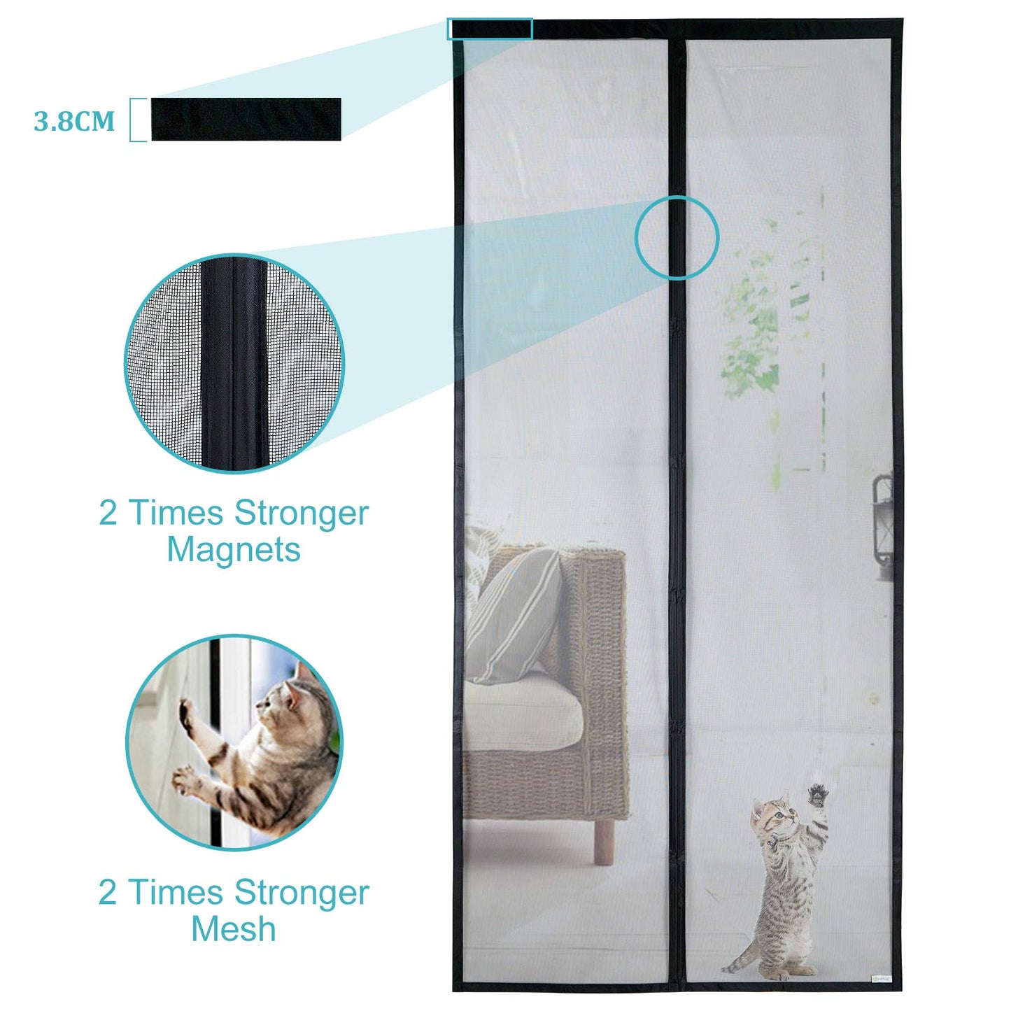 Apalus VP Fliegengitter Tür, Magnet Insektenschutz Balkontür 100x210 cm, 2 x Langlebiger als der Apalus Klassiker, Katzenkrallen Sicher, Stärkere Magneten, 3.8 cm Breites Klettband, Nicht Kürzbar