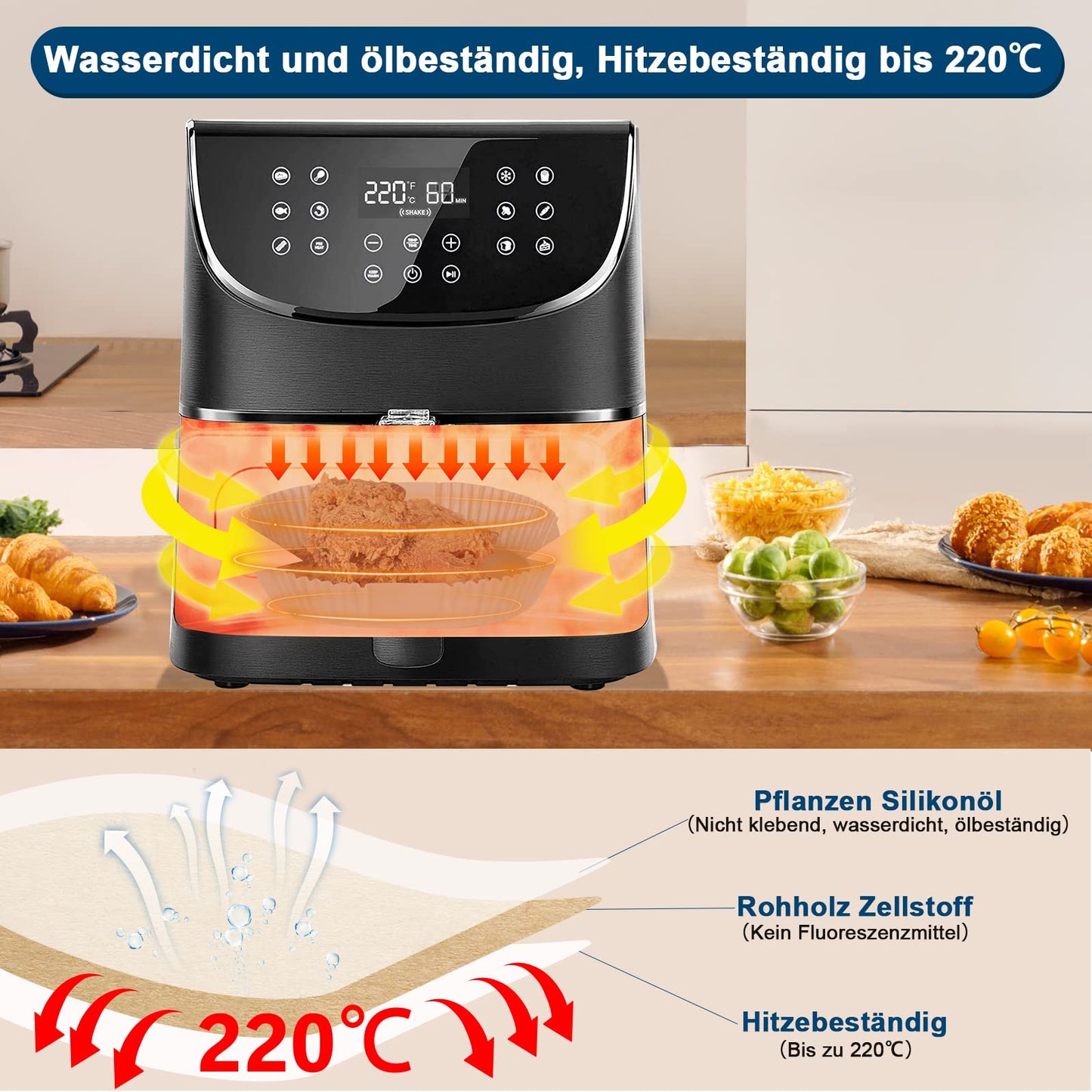 100 Stück Backpapier für Heißluftfritteuse 4,5L-8L, Stone TH 20-24cm Airfryer Backpapier Pergamentpapier Liner Kompatibel mit COSORI Philips Cecotec Midea Russell Hobbs XL XXL Airfryer