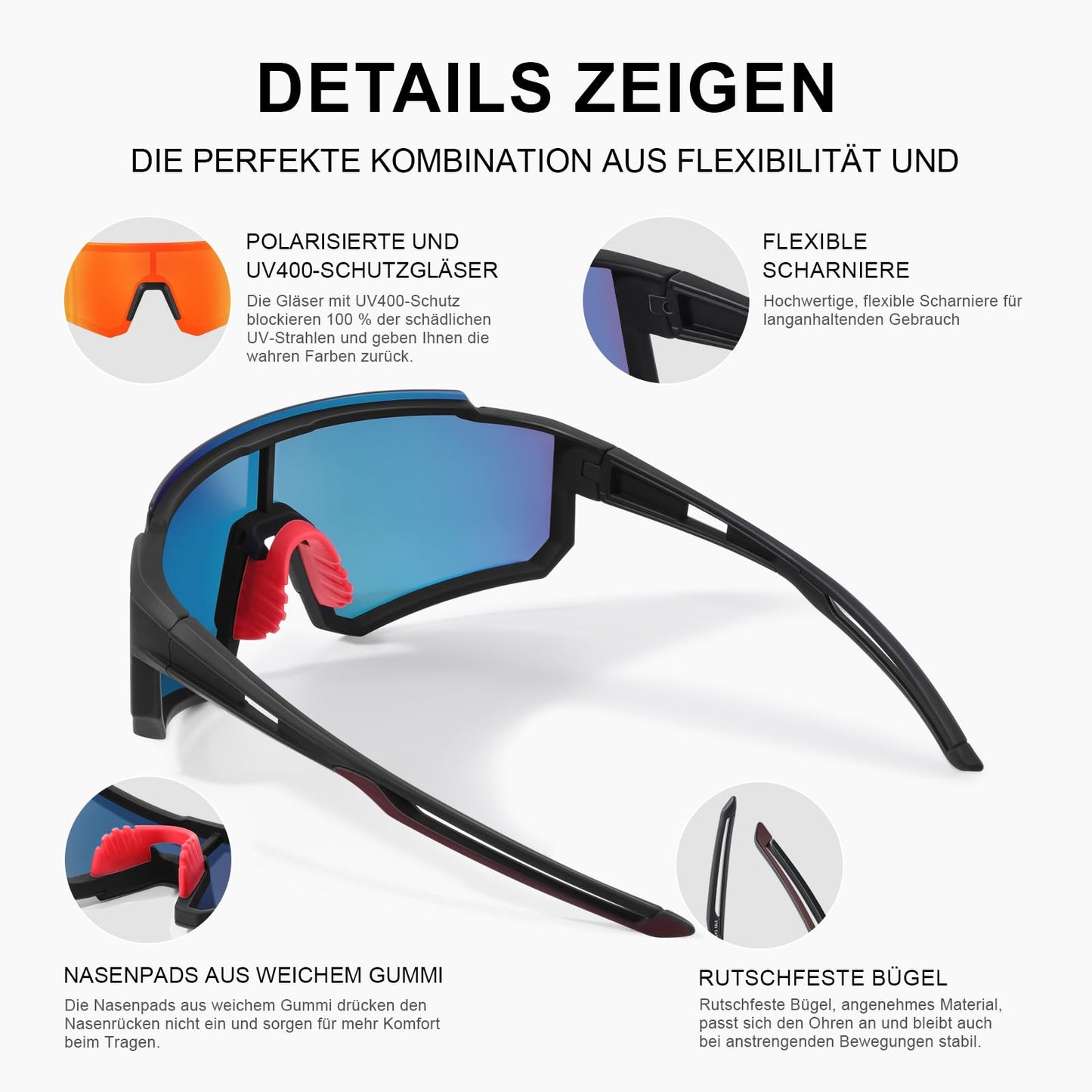 suoso Sportbrille-Sonnenbrille Herren-Damen-Fahrradbrille-Sunglasses men-Polarisiert-UV400-Damen-Ski Sonnenbrille-Schnelle Brille Rave-Radfahren-Fahrrad-Angeln-Rennrad brille 1-Schwarz rot