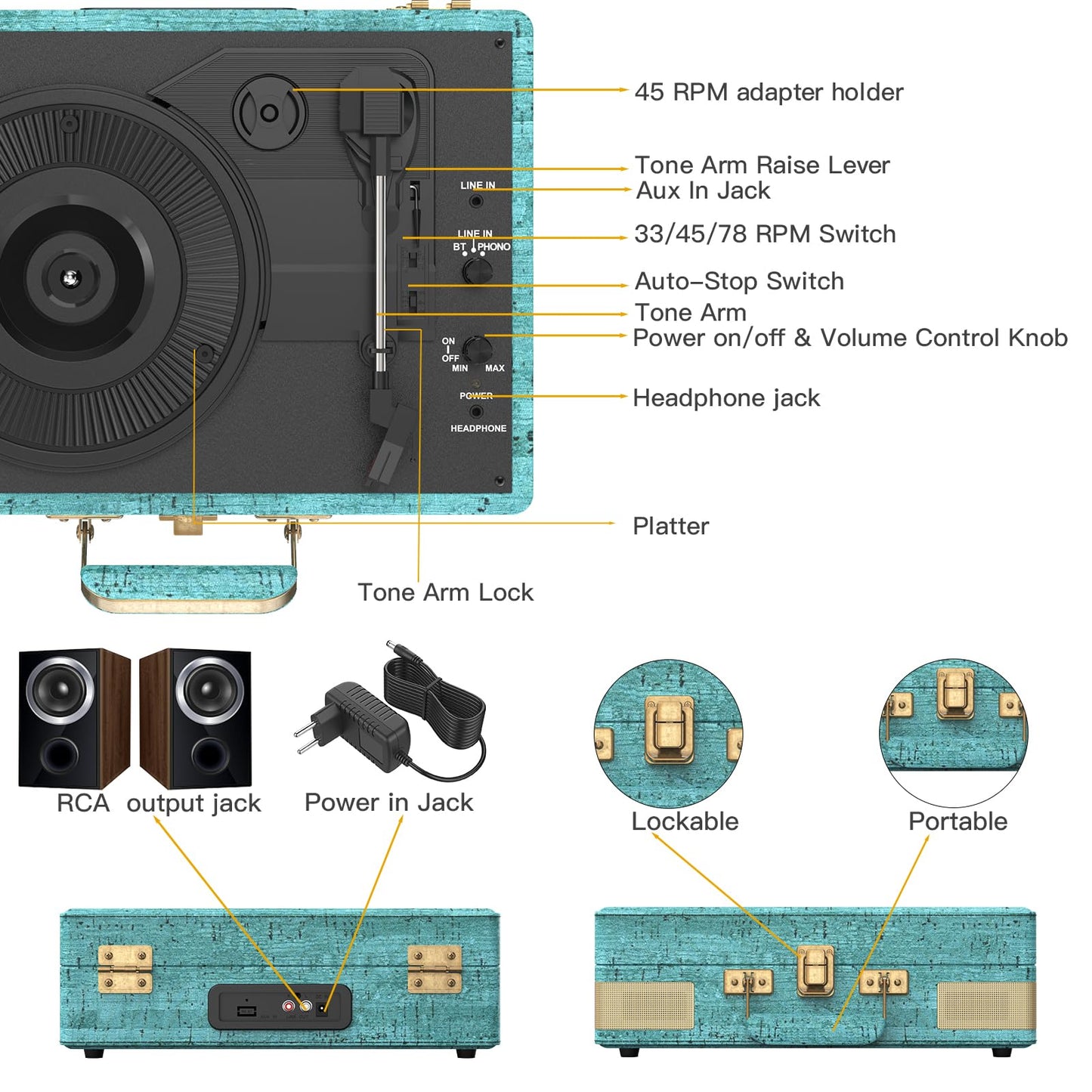 Trynnay Plattenspieler Schallplattenspieler 3-Gang-Bluetooth, tragbarer Koffer-Vinyl-Player mit integrierten Lautsprechern, Plattenspieler, verbesserter Audio-Sound, Gewachstes Leder Retro Blau