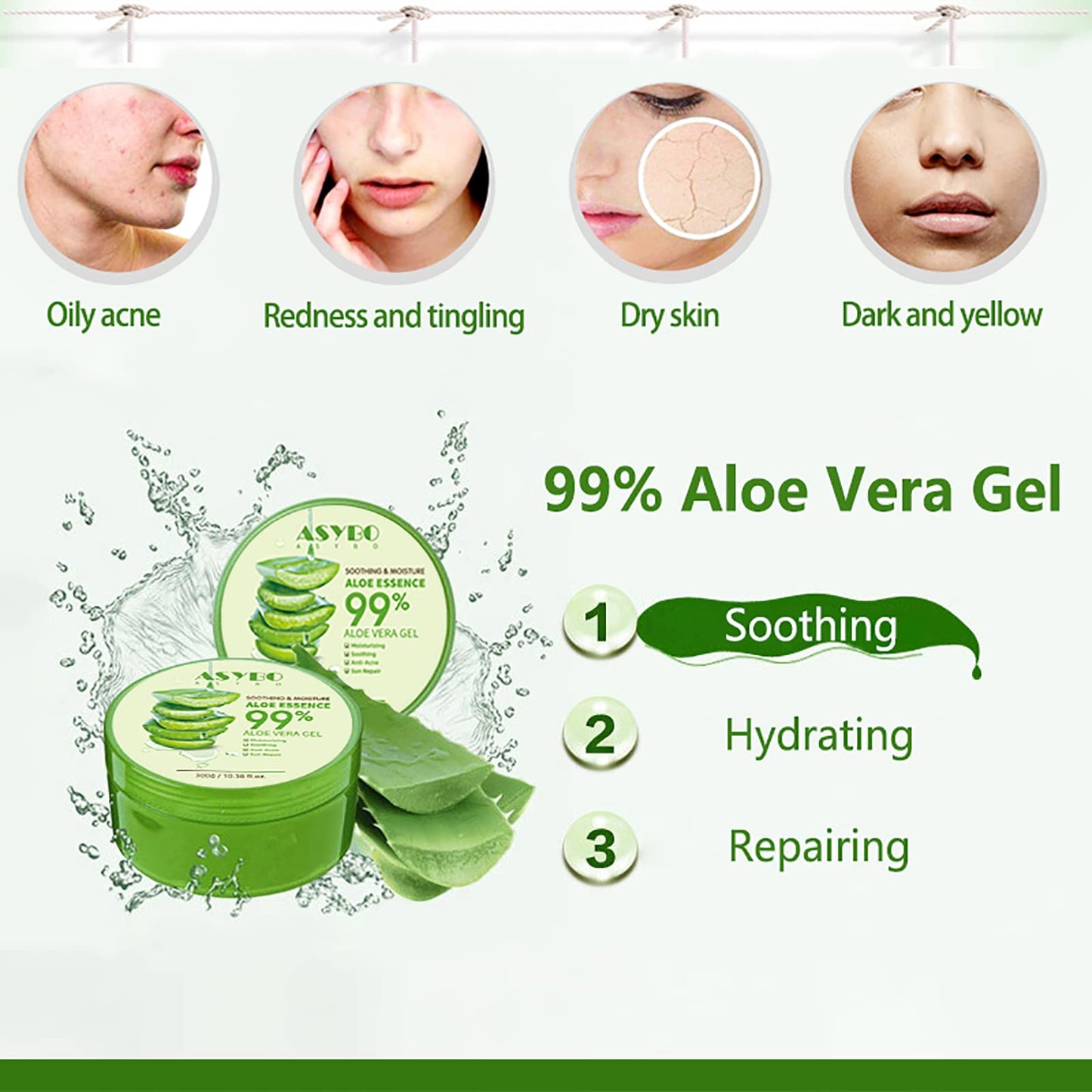 ASYBO 300 ML Aloe Vera Gel – 99% reine Aloe Vera Feuchtigkeitscreme für Gesicht und Körper, natürliche Aloe-Creme für trockene Haut, Sonnenbrand, Akne