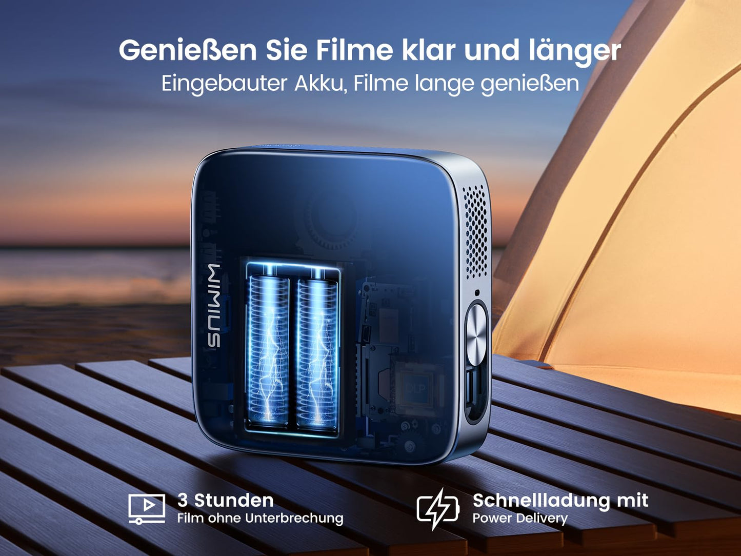 Mini Beamer, Android 11.0 DLP Ultrakurzdistanz Smart Beamer mit Akku, WiFi6 Bluetooth Portabler Beamer 1080P Full HD Unterstützung, Staubdicht Projektor Handy für Outdoor/Heimkino