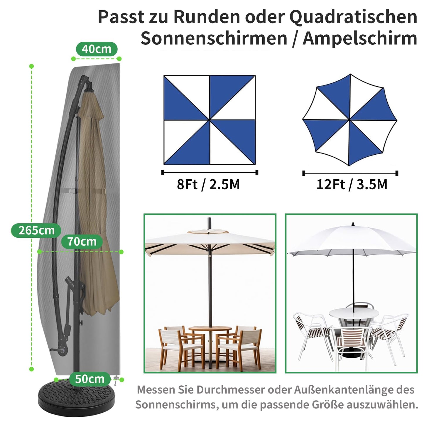 MI CASA Sonnenschirm Schutzhülle, Sonnenschirmhülle Schutzhülle für Sonnenschirm 2 bis 3 M, Ampelschirm Schutzhülle Ampelschirm Hülle Gartenschirm Abdeckung, Wasserdiht und UV-Anti (265x40x70/50cm)