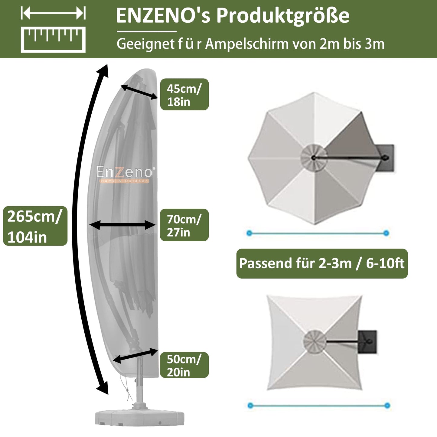 Enzeno Ampelschirm Schutzhülle,bis Ø 3m mit Stab,Sonnenschirm Abdeckung Ampelschirmhülle,Abdeckhauben Marktschirm haube mit Wasserdicht Reißverschluss(265x40/70/50cm)