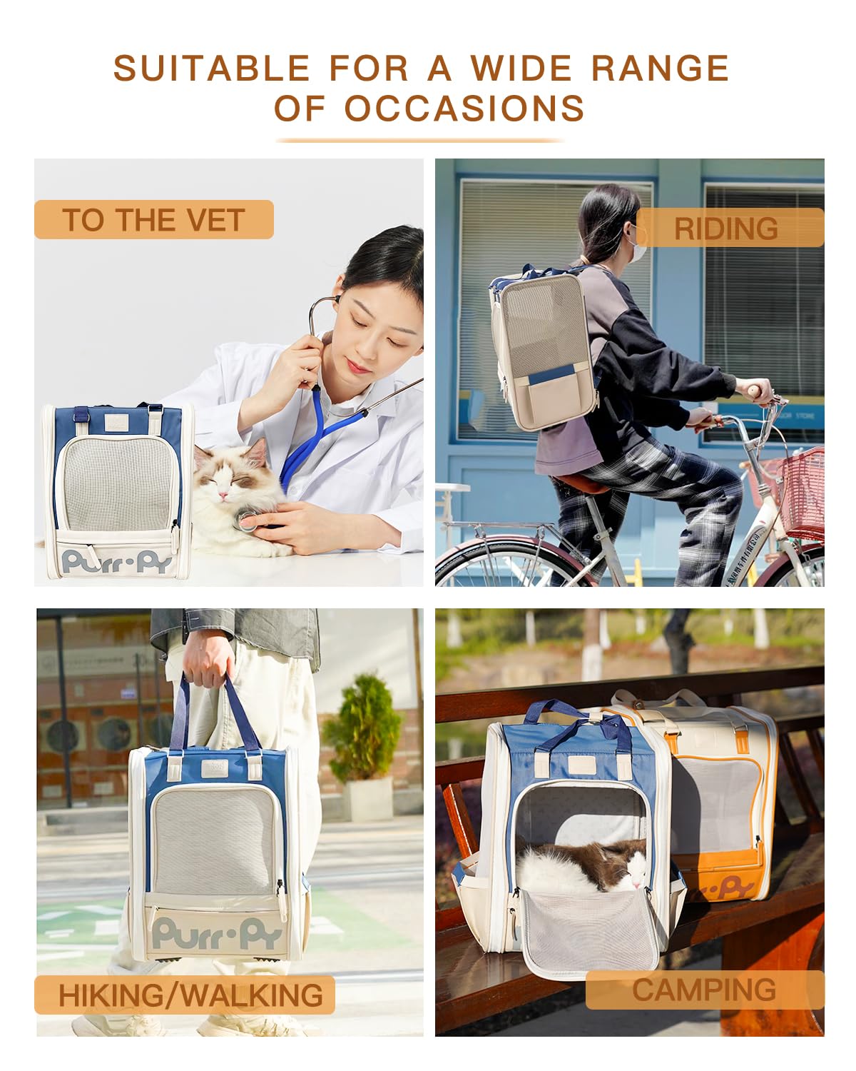 RYTMAT Katzenrucksack Hunderucksack Faltbare Haustier Rucksack für Katzen Hunde bis 7kg mit Innerer Sicherheitsleine und Netzfenster für Spaziergänge Urlaub Fahrrad Tierkliniken