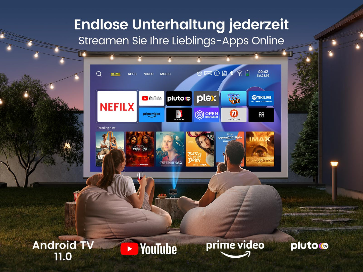 Mini Beamer, Android 11.0 DLP Ultrakurzdistanz Smart Beamer mit Akku, WiFi6 Bluetooth Portabler Beamer 1080P Full HD Unterstützung, Staubdicht Projektor Handy für Outdoor/Heimkino