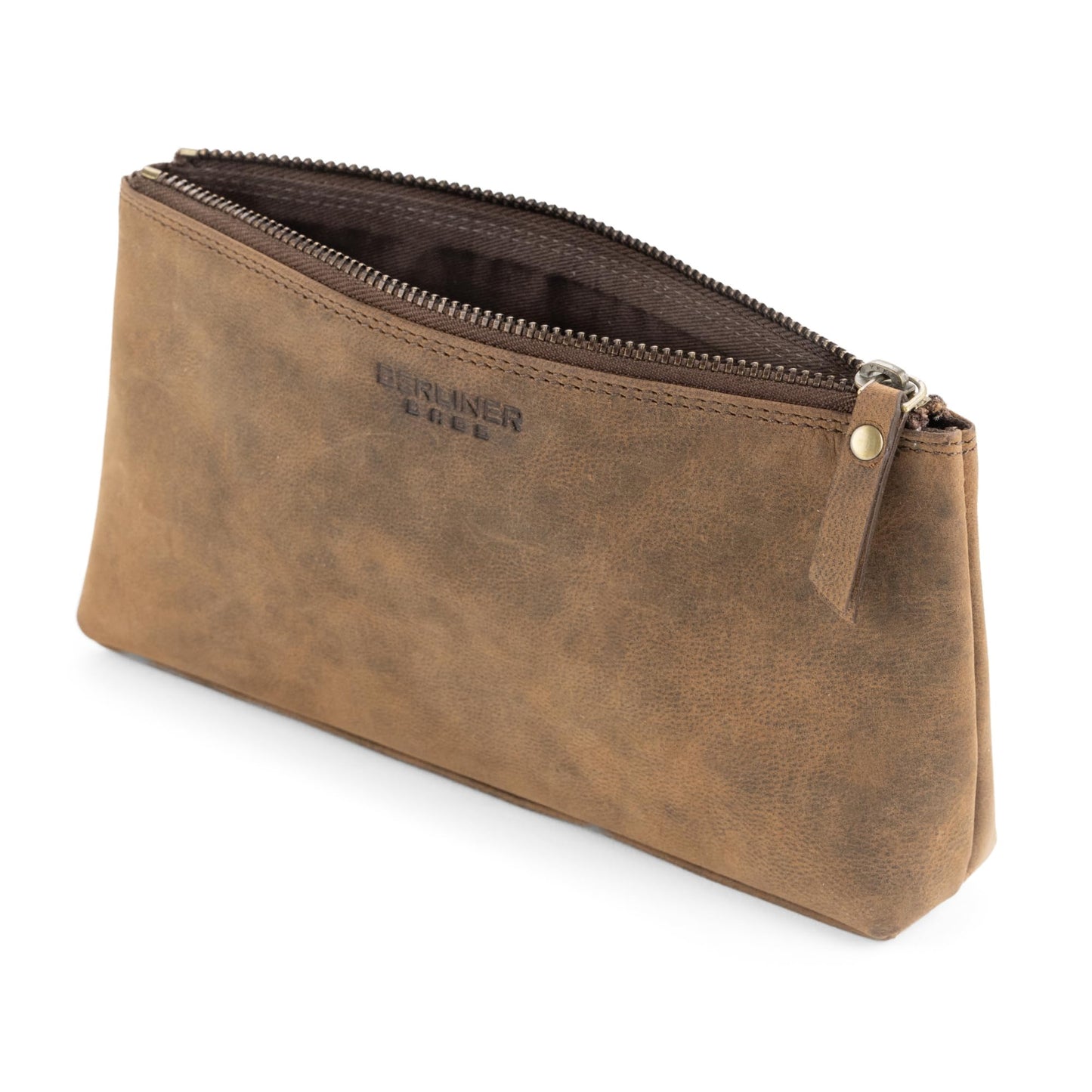 Berliner Bags Vintage Kosmetiktasche Anna, Kleiner Kulturbeutel, Schminktasche aus Leder, Federmäppchen für Damen und Mädchen – Braun