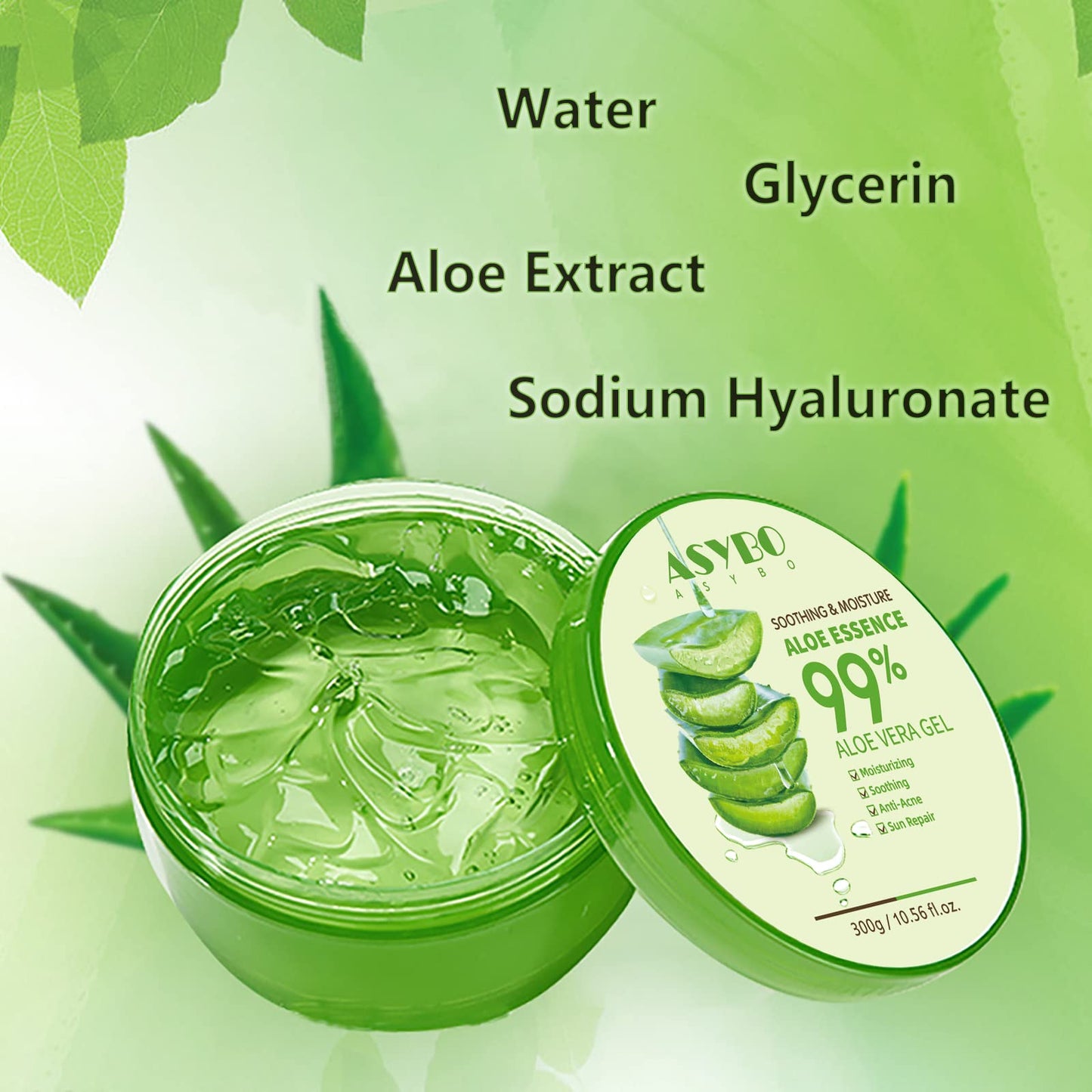 ASYBO 300 ML Aloe Vera Gel – 99% reine Aloe Vera Feuchtigkeitscreme für Gesicht und Körper, natürliche Aloe-Creme für trockene Haut, Sonnenbrand, Akne