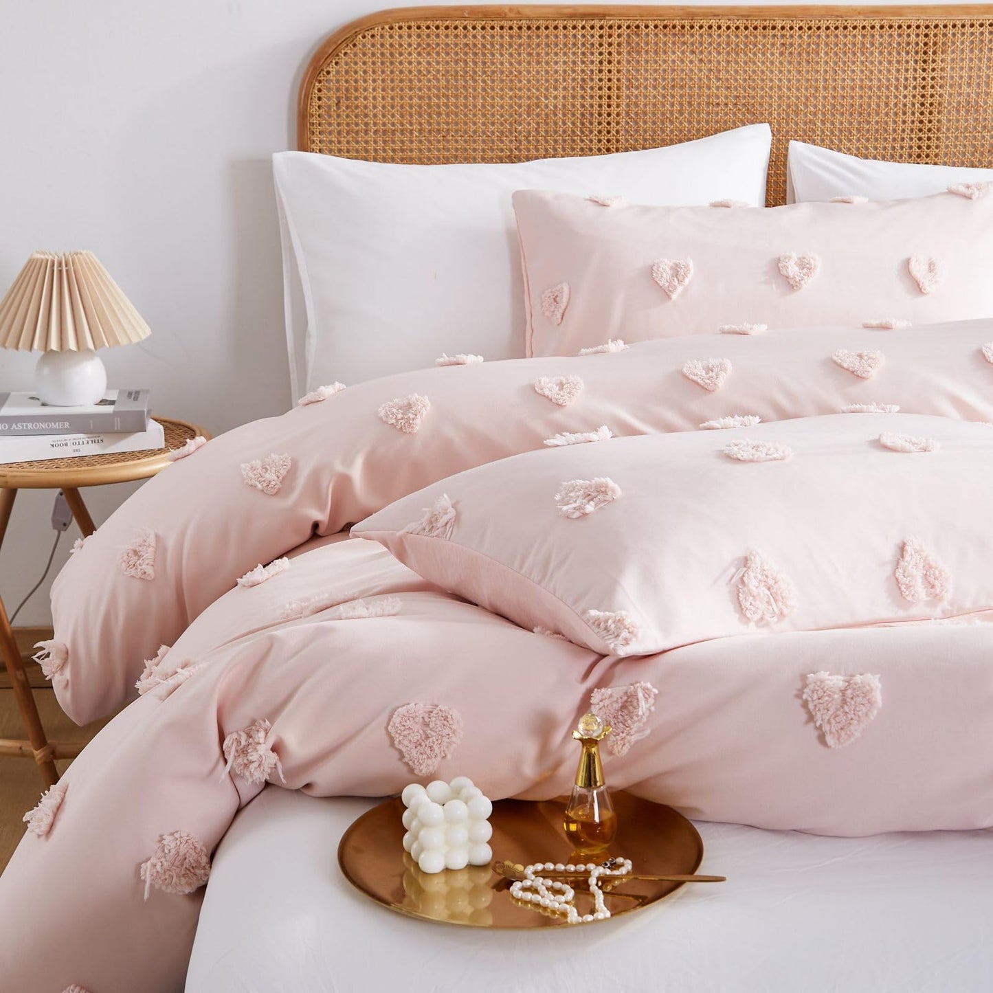 Freyamy Boho Bettwäsche 135x200cm 2teilig Rosa Getuftet Herz Böhmen Bettwäsche Stickerei Shabby Chic Bettwaren-Sets Microfaser Weiche Bettbezug mit Reißverschluss und Kissenbezug 80x80cm