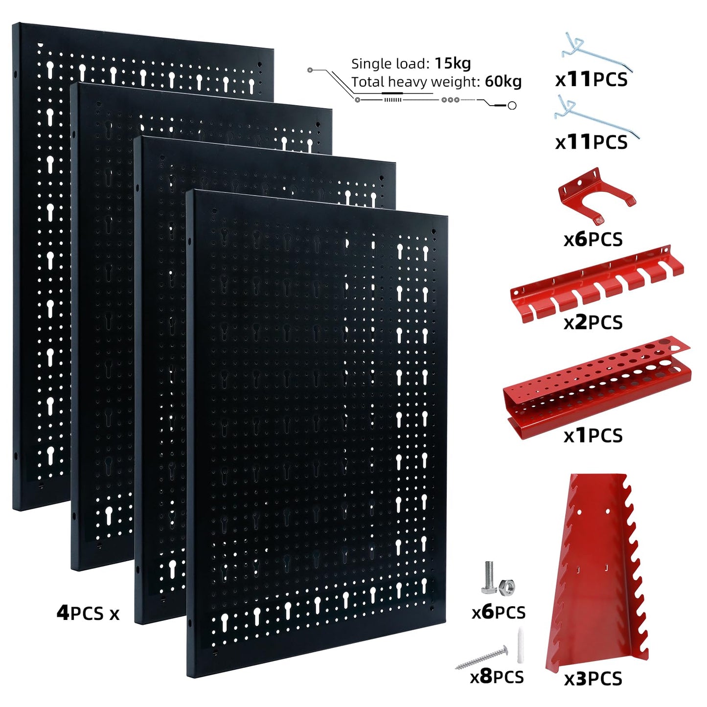 CCLIFE Werkzeugwand Lochwand 4 tlg Inkl. 52-Teiligem Metall Werkzeuglochwand Vier Teile 160 x 60 x 2 cm Erweiterbar Zubehör Wandregal Werkzeugaufbewahrung Schwarz