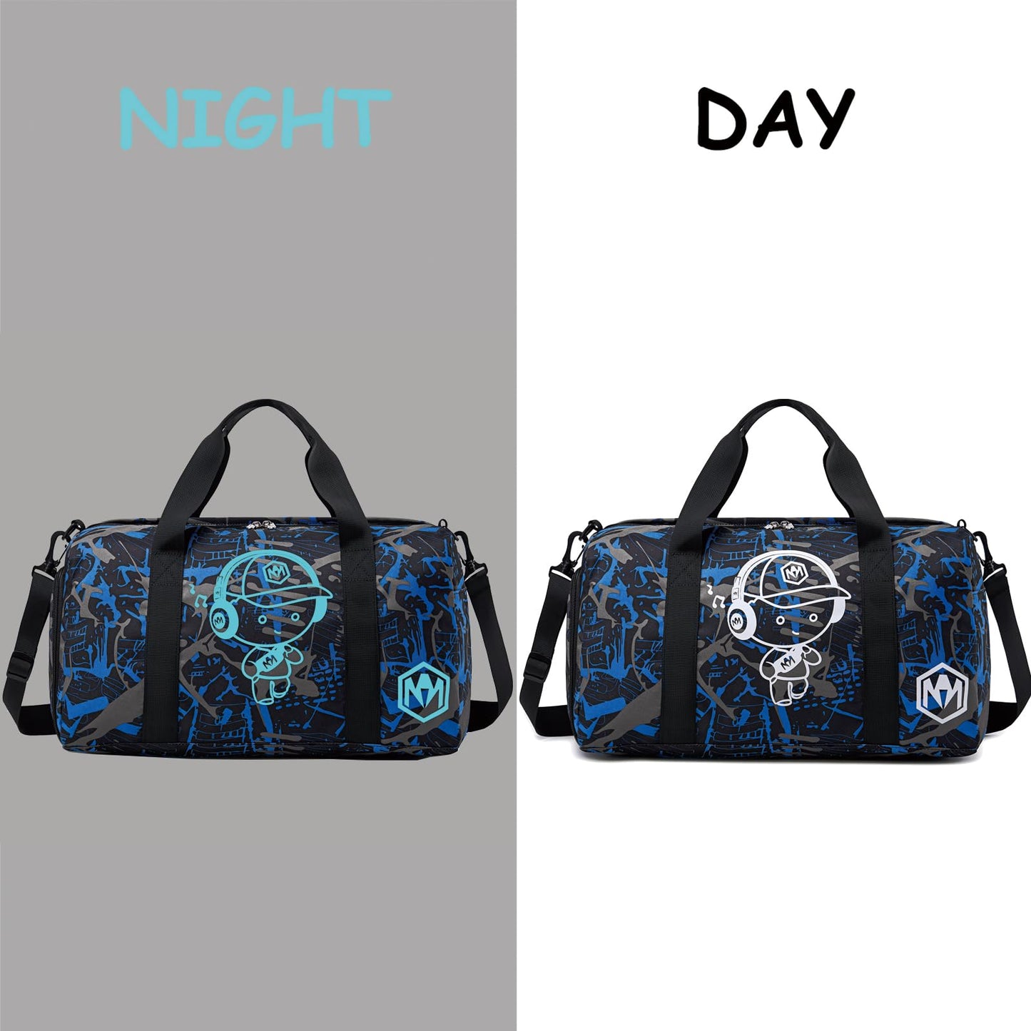 Sporttasche Kinder Schwimmtasche Jungen Damen mit Schuhfach und Nassfach Badetasche Teenager Kleine Reisetasche Fitnesstasche (Prinz Graffiti Blau)