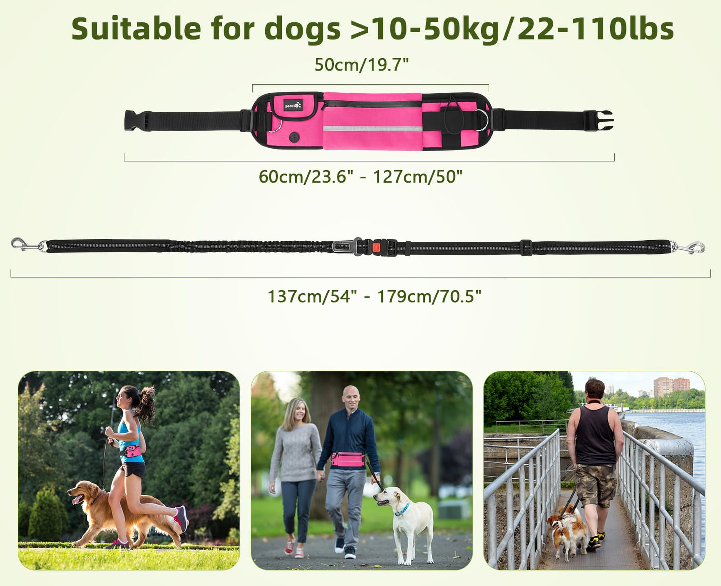 pecute Joggingleine Hunde mit Bauchgurt, Laufgürtel Hundeleine für Große und Mittelgroße Hunde, Leine Hund mit Gürteltasche, Elastische Laufleine für Hunde, Dog Leash für Laufen, Joggen