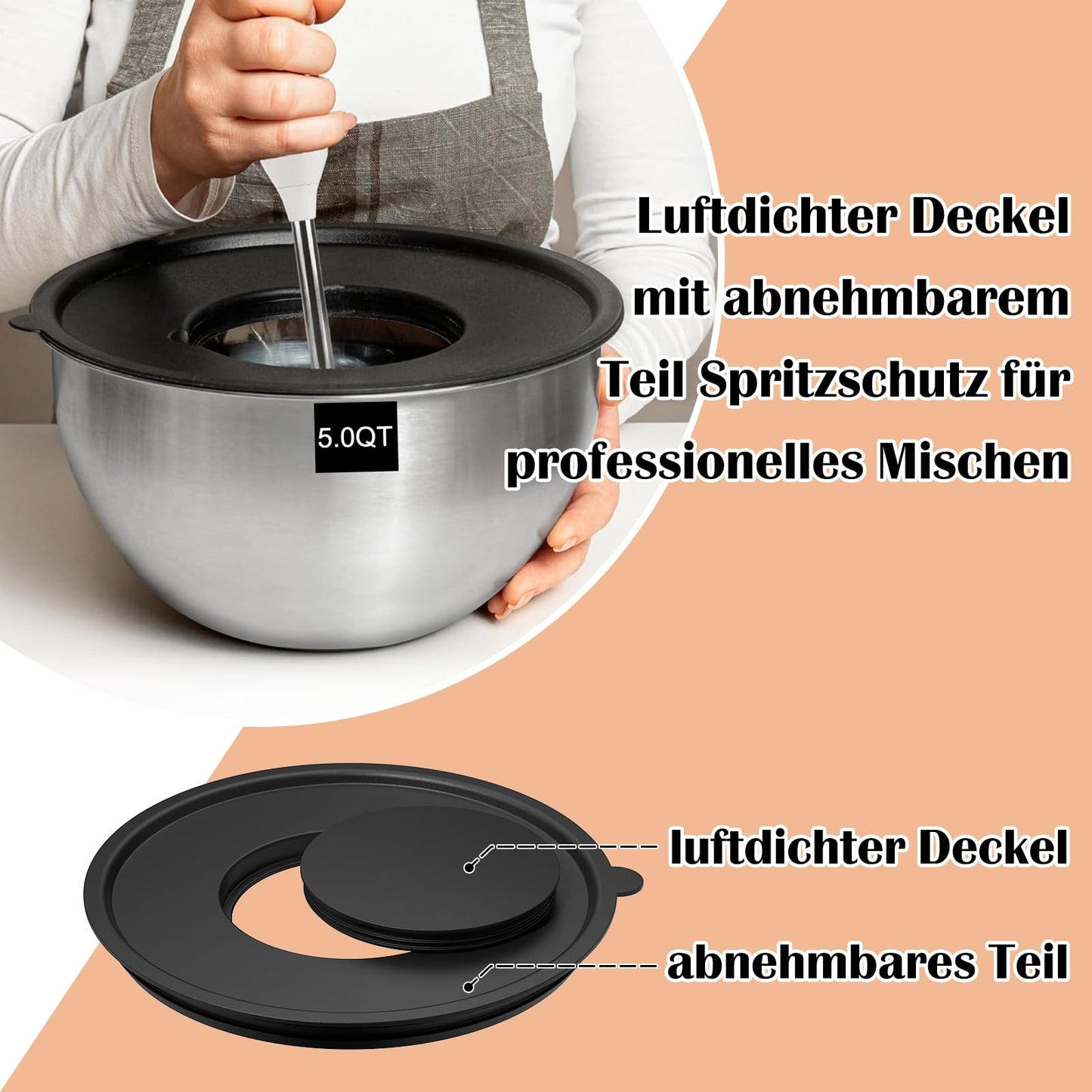 Terlulu Rührschüssel 5er Set, Edelstahl Schüssel Salatschüssel Set mit Deckel, 4.7l/2.8l/1.9l/1.4l/0.6l, Schüsselset zum Kochen/Backen/Aufbewahrung, Stapelbar & Spülmaschinenfest, inkl. Reibe