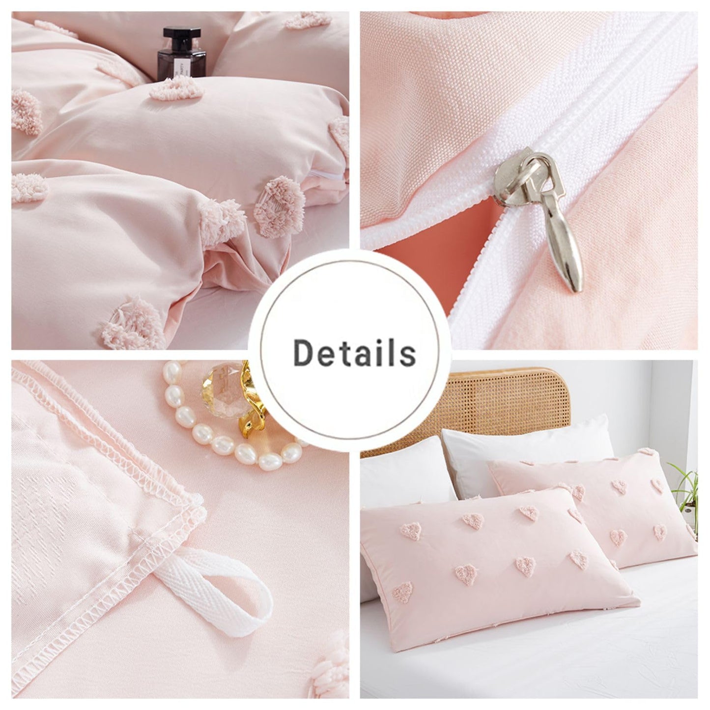 Freyamy Boho Bettwäsche 135x200cm 2teilig Rosa Getuftet Herz Böhmen Bettwäsche Stickerei Shabby Chic Bettwaren-Sets Microfaser Weiche Bettbezug mit Reißverschluss und Kissenbezug 80x80cm