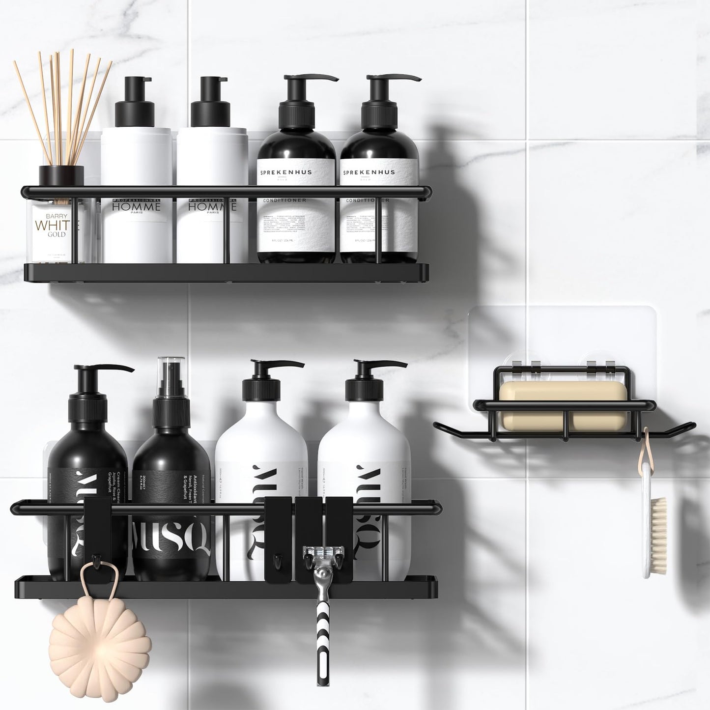 YASONIC Duschablage ohne Bohren Badezimmer Organizer, Badregal Duschregal ohne Bohren, Duschhalterung ohne Bohren Shampoo Halterung für Dusche, rostfrei Badezimmer Regal Duschablage schwarz, 3 Stück