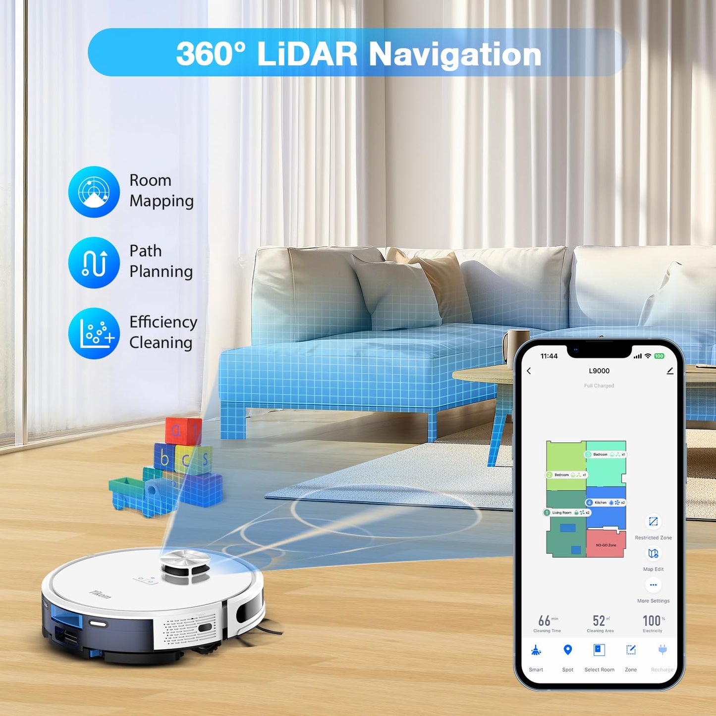 Tikom L9000 Saugroboter mit Wischfunktion, LiDAR Navigation, 4000Pa Staubsauger Roboter, 150Mins Max, Selbstaufladend, WLAN, 14 No-Go-Zonen, für Tierhaare, Teppich, Hartboden