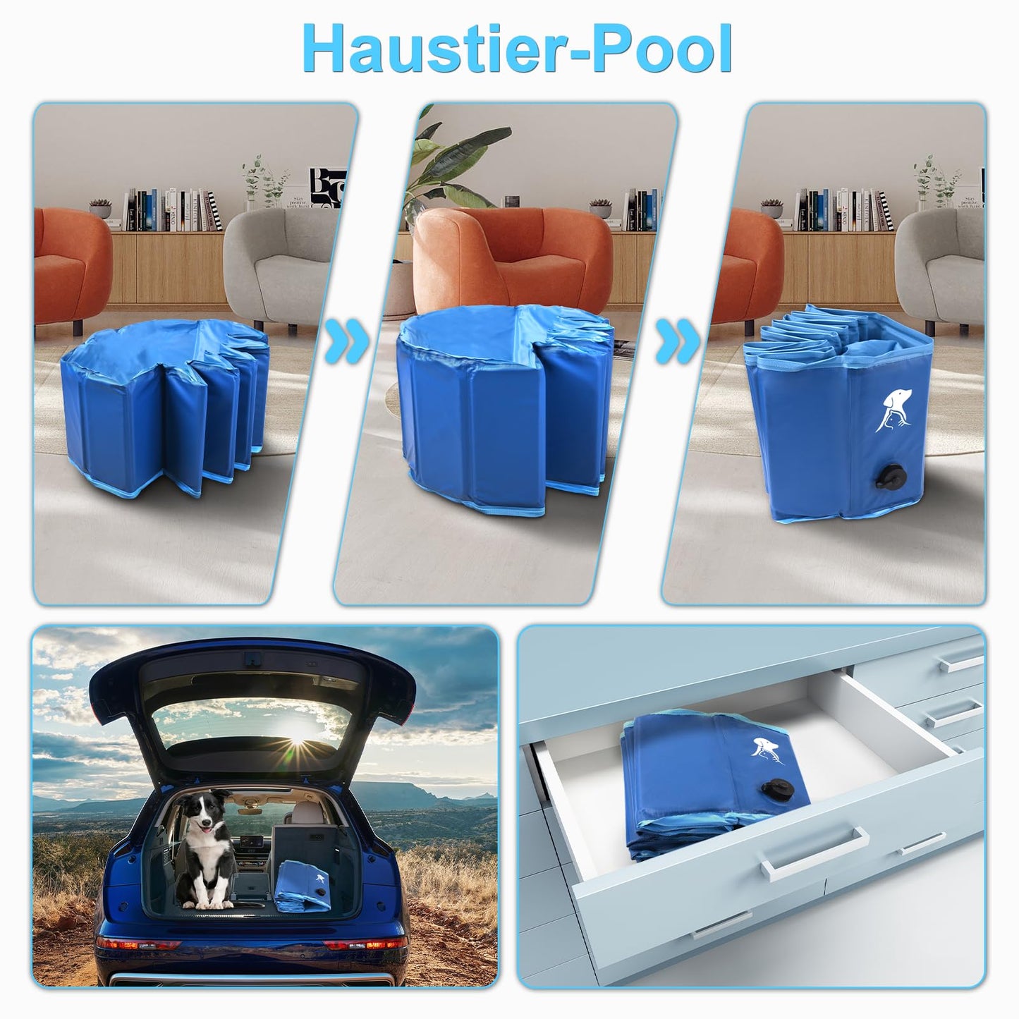 Fwiull Hundepool für Große & Kleine Hunde, Faltbarer Hunde Planschbecken 140 * 30CM Hundebadewanne Stabiler Swimmingpool Haustier Kind Schwimmbecken rutschfest Tragbar Blau