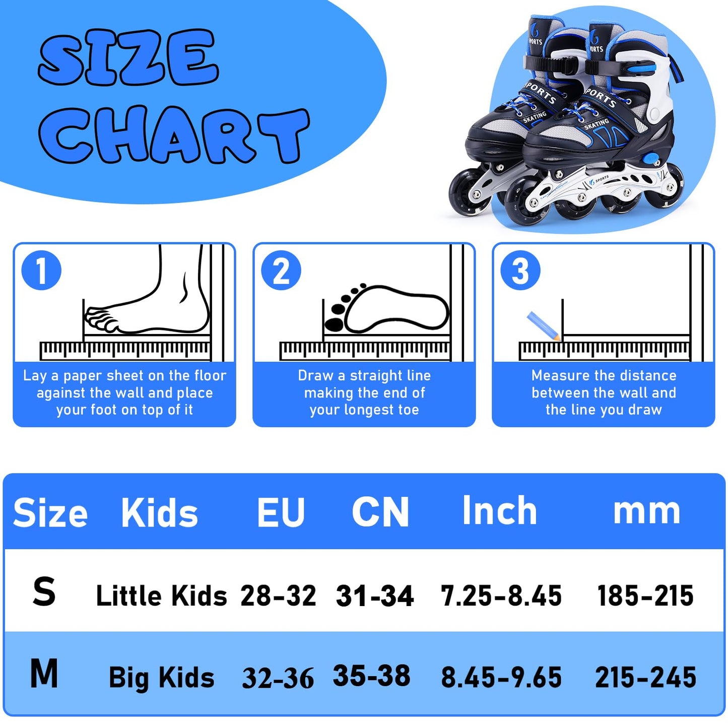 Inline Skates für Kinder Jungen Mädchen Anfänger, 4 Size verstellbare Rollschuhe mit Light Up Rollen. (S (EU28-32)) / (CN 31-34)