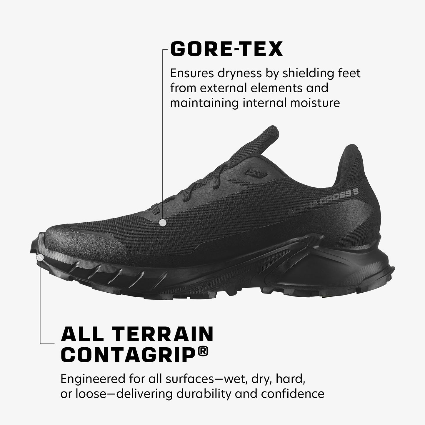 Salomon Alphacross 5 Gore-Tex Waterproof Men's Trail Running Shoes, Powerful Grip, Waterproof and Weatherproof, and Long Lasting Comfort, Black, 9