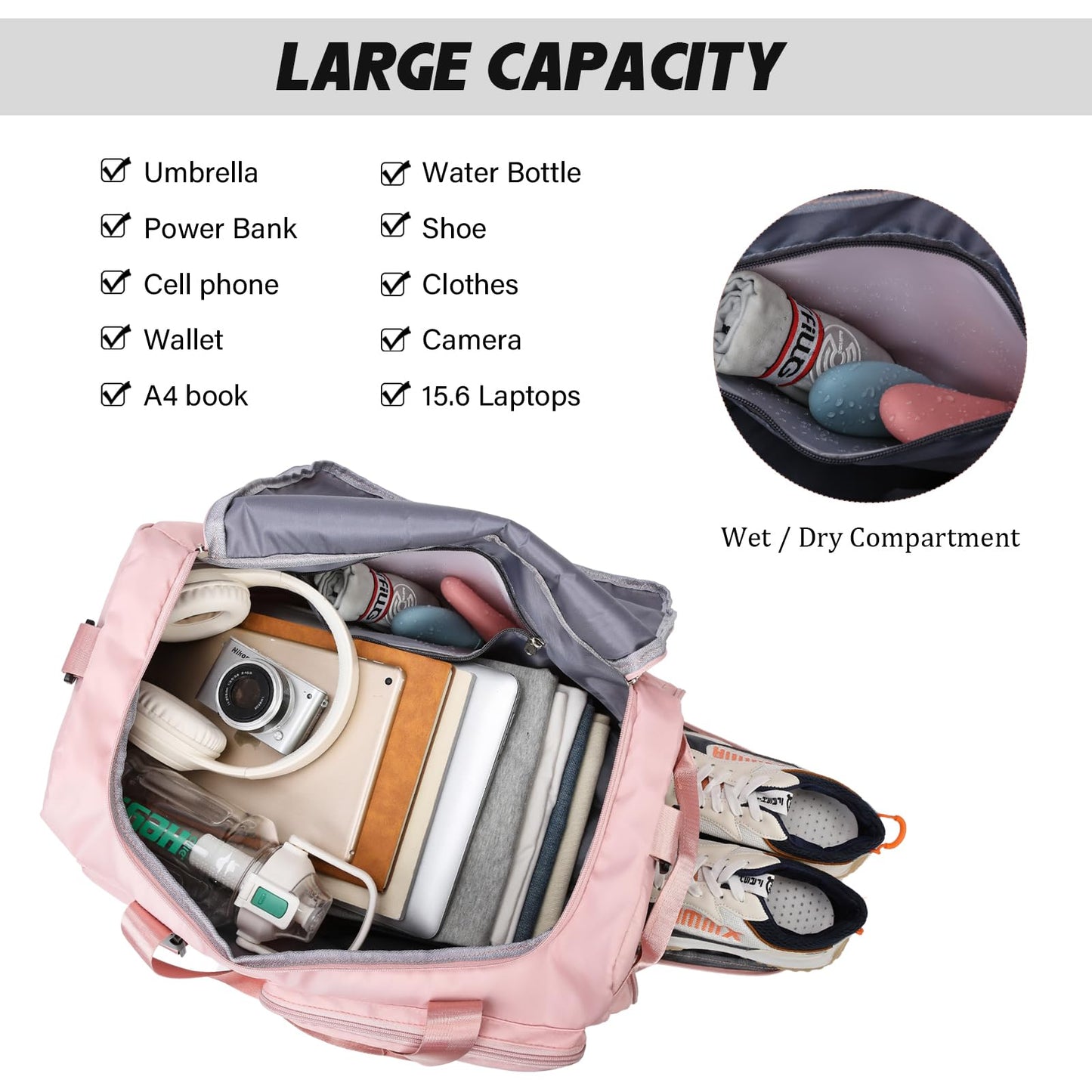 Suweir Sporttasche Damen Herren 42L Reisetasche mit Schuhfach Nassfach Wasserdicht Trainingstasche Travel Duffle Bag mit Rucksack Weekender Schwimmtasche Fitnesstasche für Reisen, Fitness, Sport