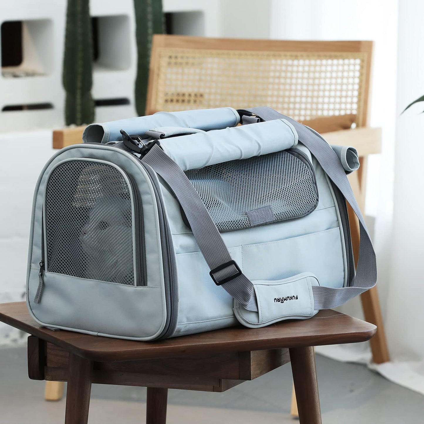 FUKUMARU Transportbox Katze, Faltbare Katzentransportbox, Transportbox Hund mit Reisetasche, Transportbox für Katzen/Hund bis 22kg, Hellgrau,groß