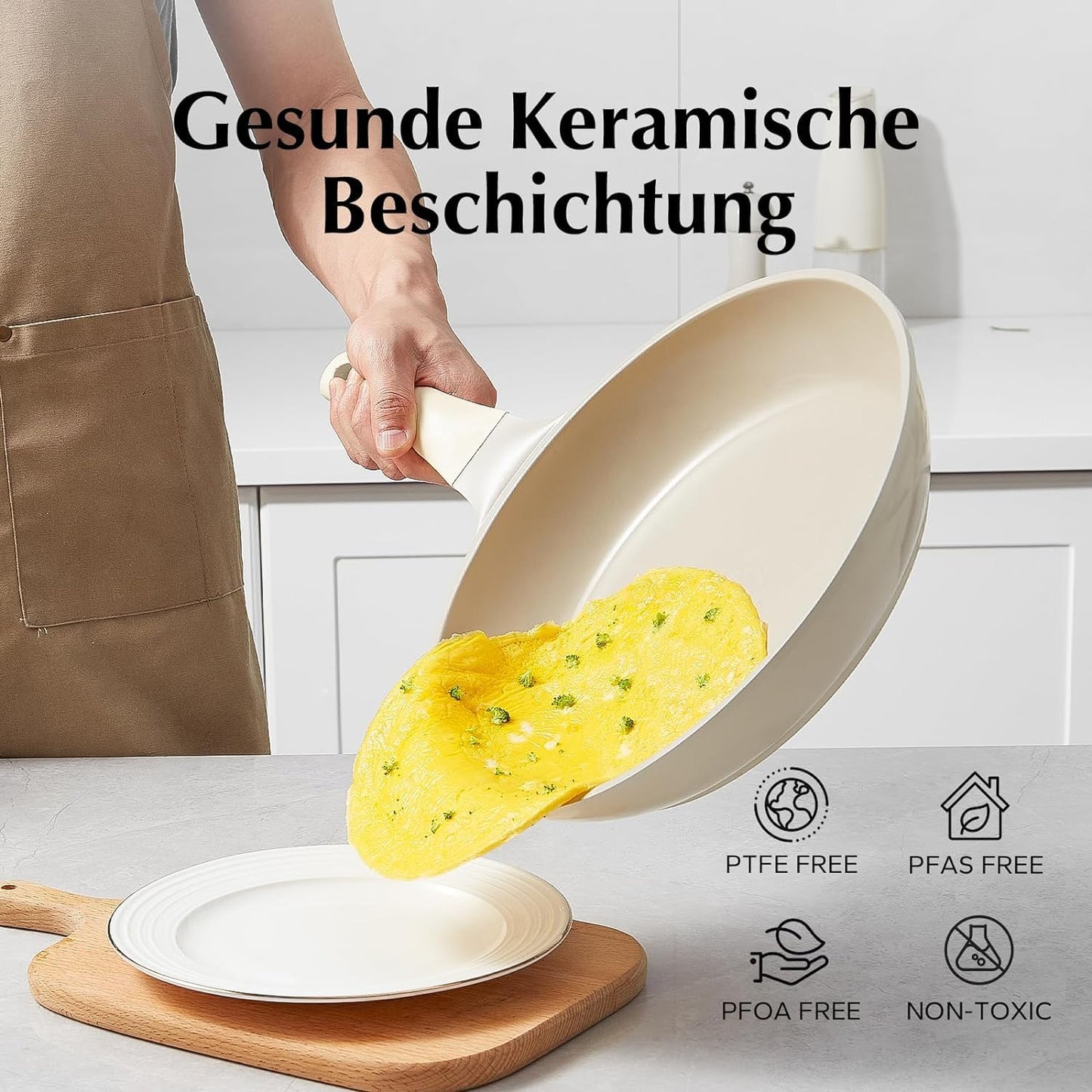 Redchef 5-teiliges Pfannenset Bratpfannen Induktion, Antihaft Keramik Pfannen Set, Pfannen 20/24/28 cm, 24/28cm Mit Deckel für alle Herdarten, PTFE-frei PFAS-frei PFOA-frei, Spülmaschinenfest Beige