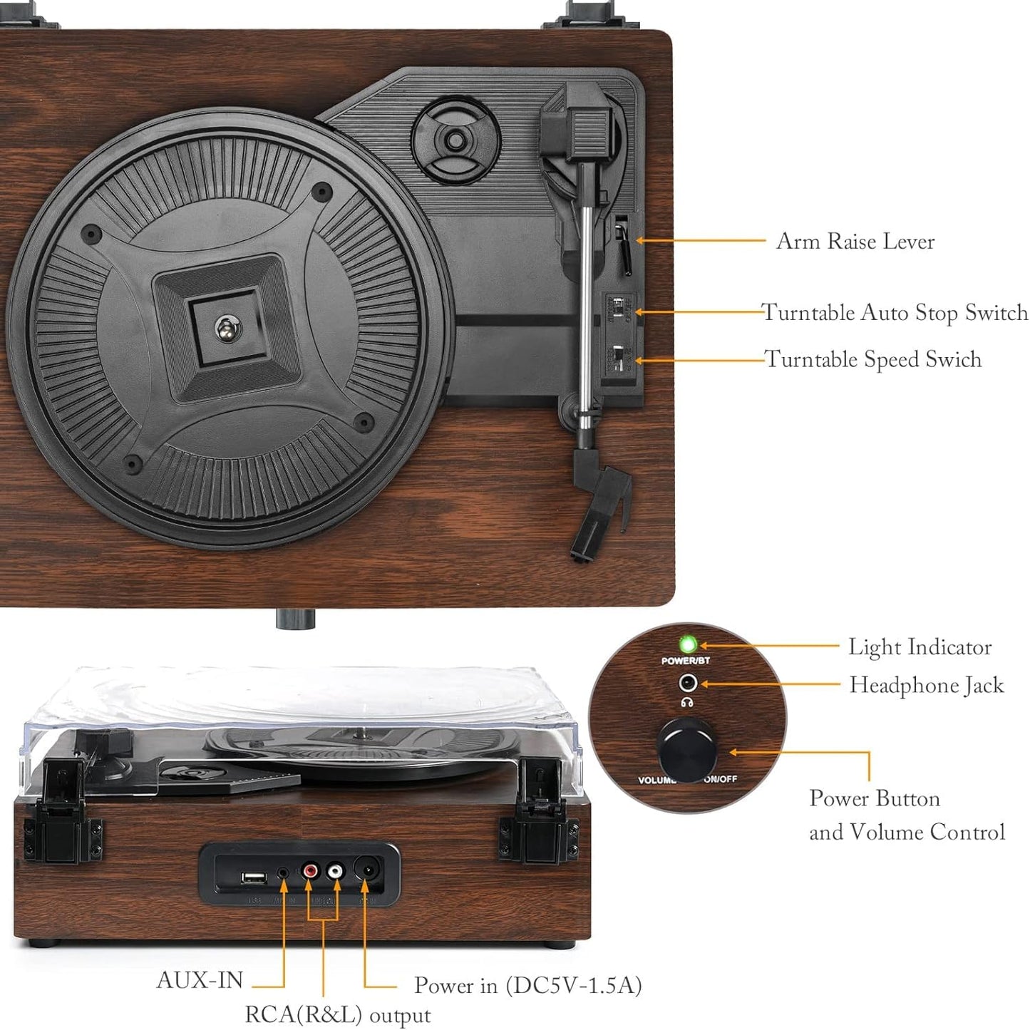 Udreamer Schallplattenspieler, Plattenspieler mit integrierten Lautsprechern und Bluetooth Riemenantrieb, Vintage-Phonograph mit 3 Geschwindigkeiten für Musikgenuss und Heimdekoration Kaffee
